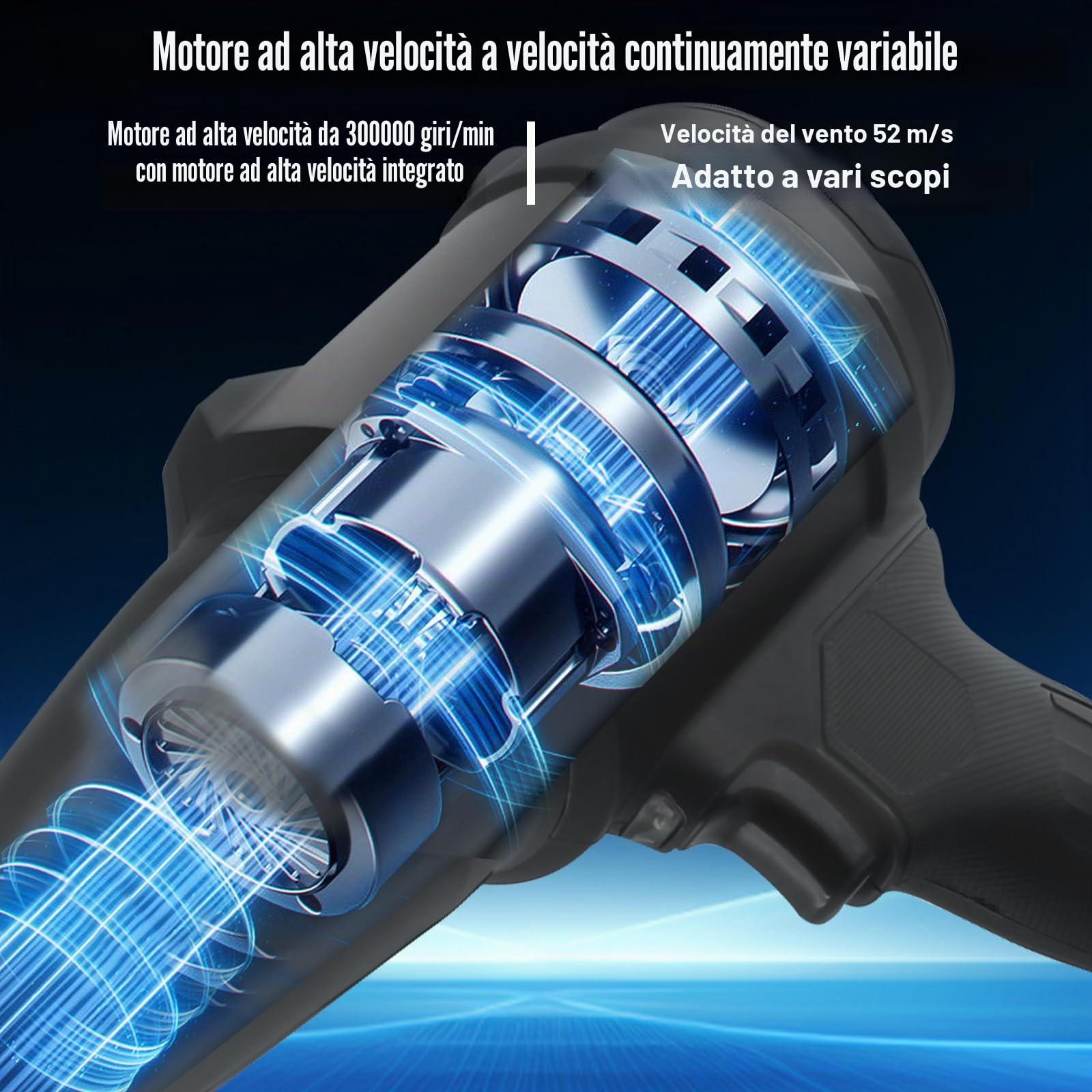 Turbo Jet Blower - Set professionale soffiatore a batteria al litio per foglie, auto, industria | Con 2 batterie, caricabatterie, valigetta, flusso d'aria variabile, con testa di ricambio e accessori, leggero e potente