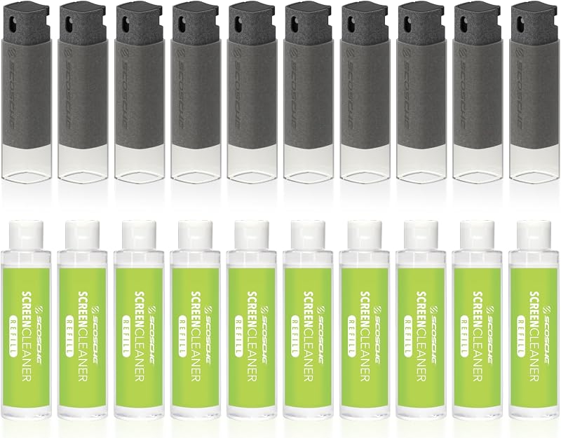 Scosche SCOCLNR Kit de limpieza de pantalla 2 en 1 sin rayas, limpiador de pantalla electrónico recargable en aerosol y toallita para TV, computadora, teléfono, iPhone, iPad, computadora portátil, MacBook, pantalla táctil del automóvil, paquete de 10