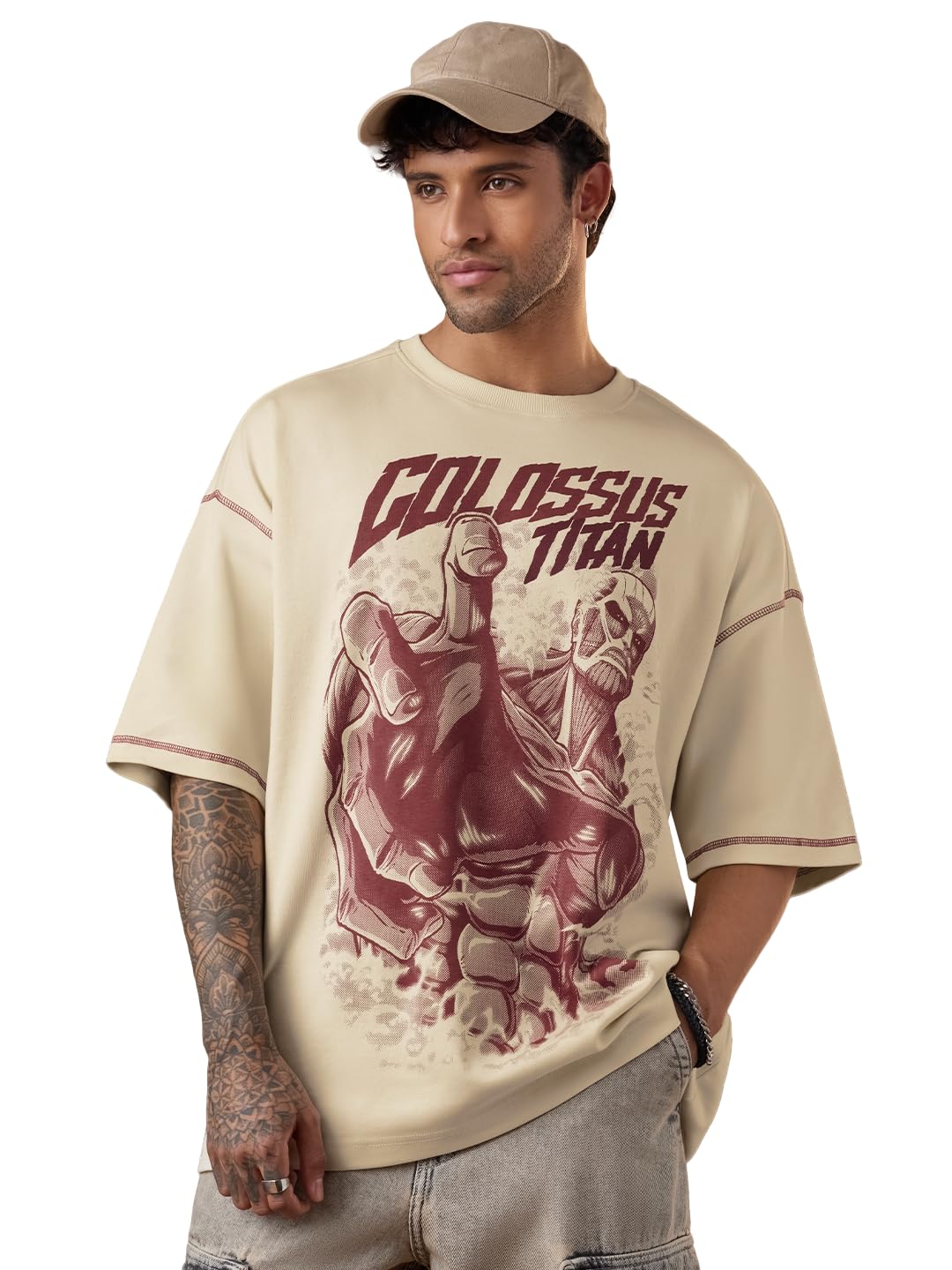 The Souled Store Attack on Titan: Colossus - Camiseta de manga corta para hombre y niño, cuello redondo, color beige, estampado gráfico, de algodón, transpirable, ligera, para todas las estaciones