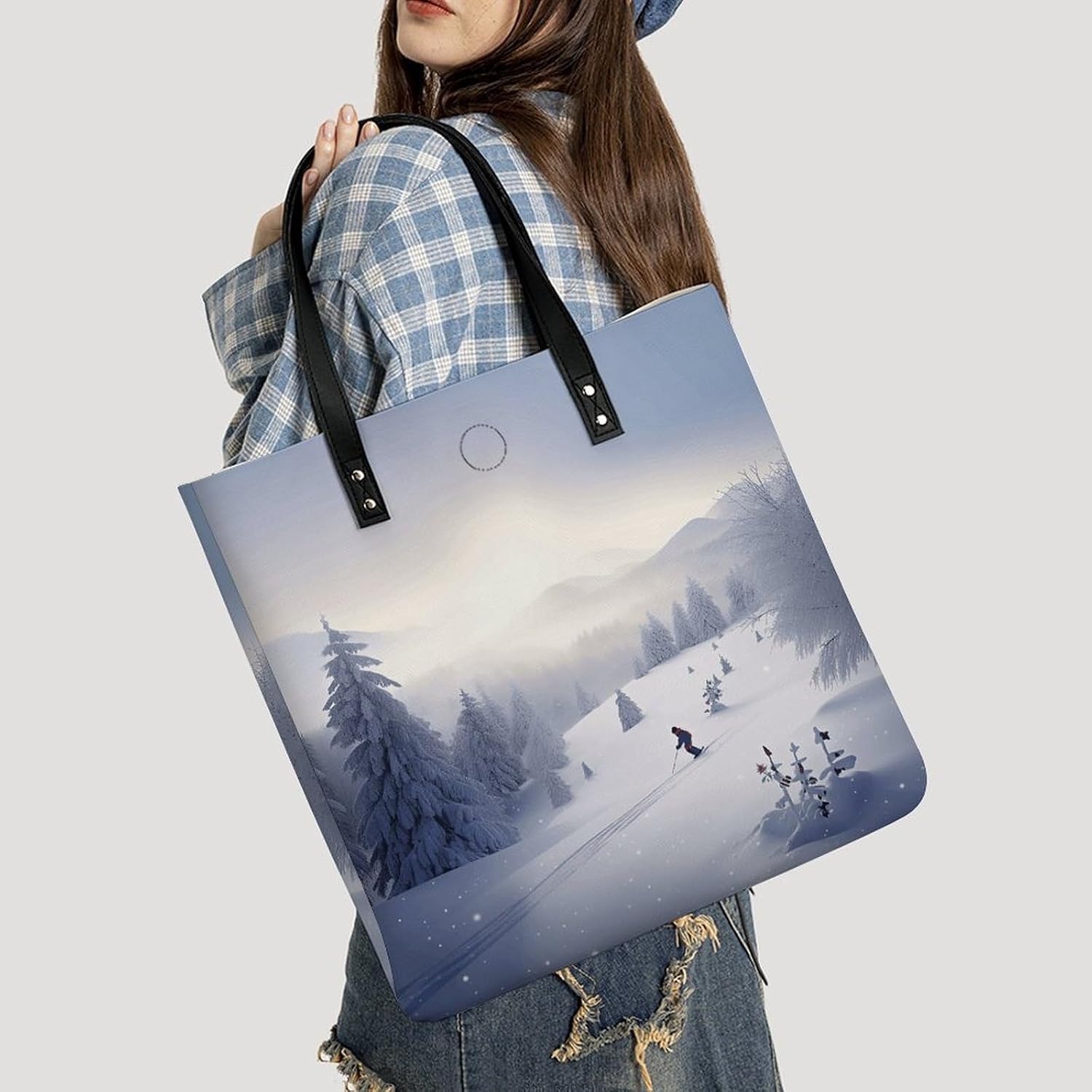 Winter Skiing Tote Bag with Magnetic Buckle Reusable Grocery Bags Lightweight Cross Body Handbag for Daily Essentials