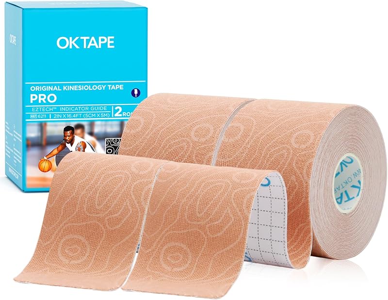 OK TAPE Kinesiology Tape PRO Uncut Latex Free Tape 2in x 16.4ft 2Rolls | Sensitive Skin Friendly Latex Free Hypoallergenic Athletic Tape Roll for Muscle Joint Knee Waterproof Beige+Beige