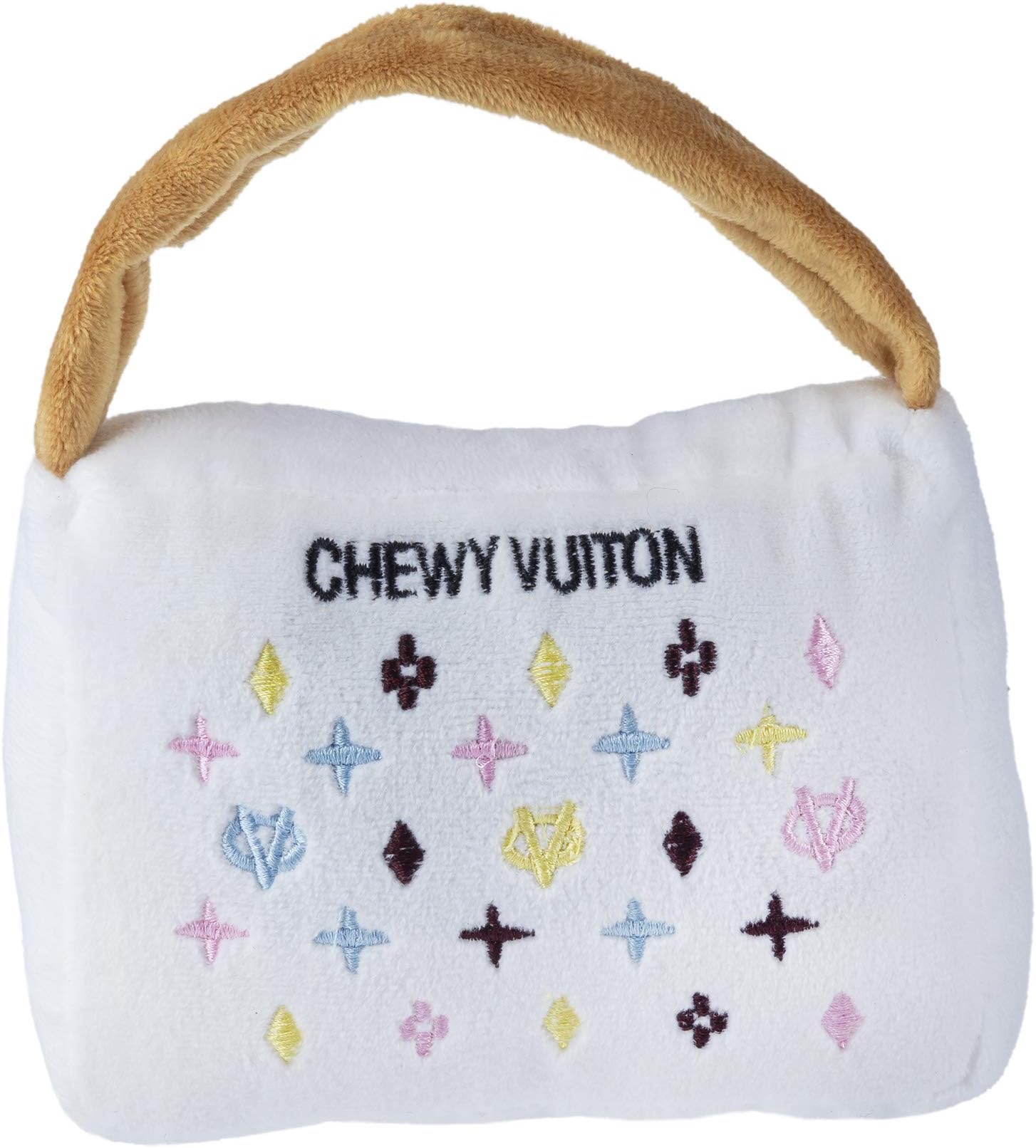 White Chewy Vuiton Handbag, Plush Designer Dog Toys with Interactive Squeaker, Stimulating Pet Enrichment, Machine-Washable & Safe Materials for All Breeds, Size Large