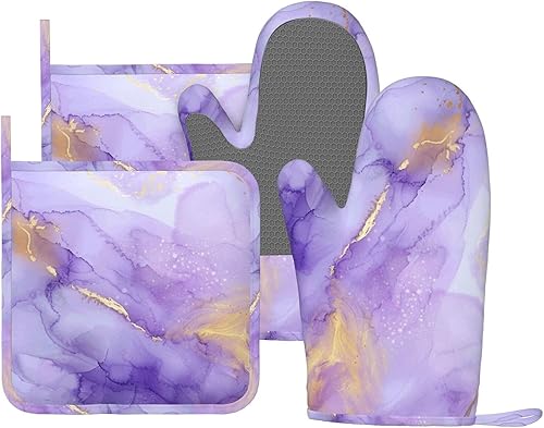 Miniatura 31 de Manoplas de horno y agarradores de ollas de mármol blanco y oro de silicona, accesorios de cocina de 4 piezas, guantes largos resistentes al calor