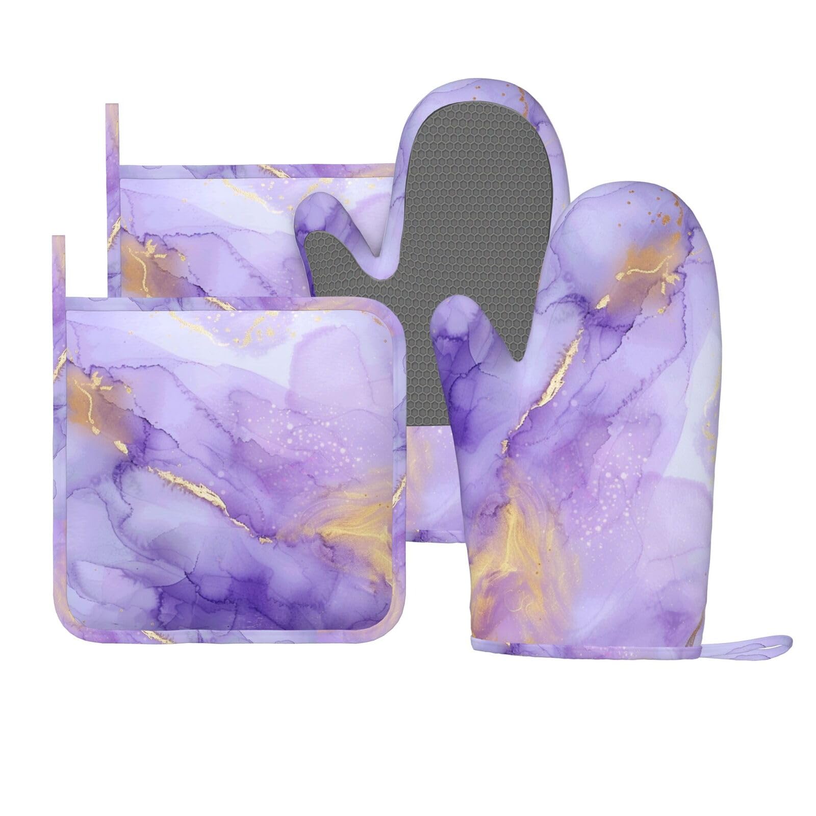 Oven Mitts and Pot Holders Pastel Purple Marble Silicone Kitchen Accessories Set of 4 Heat Resistant Long Gloves Potholder Non-Slip Grip for Chef