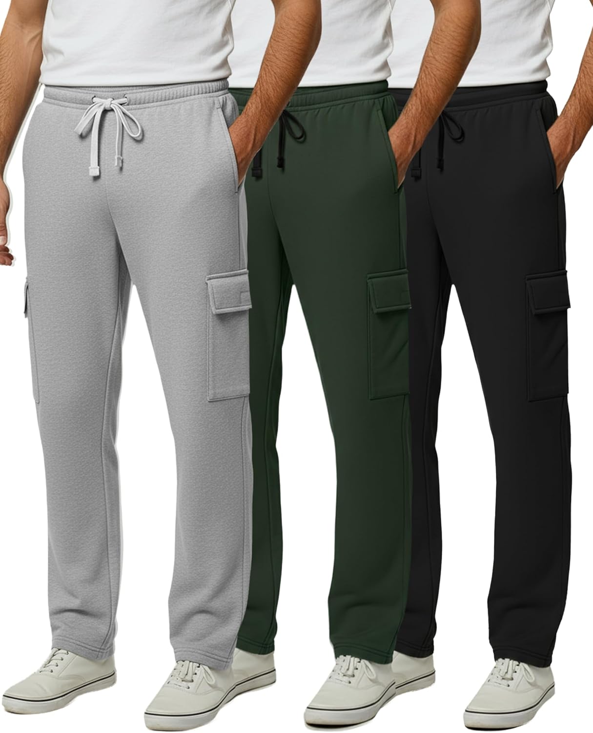 Real Essentials 3 Pack: Men's Tech Fleece Open Bottom Cargo Sweatpants with Pockets (Available in Big & Tall)