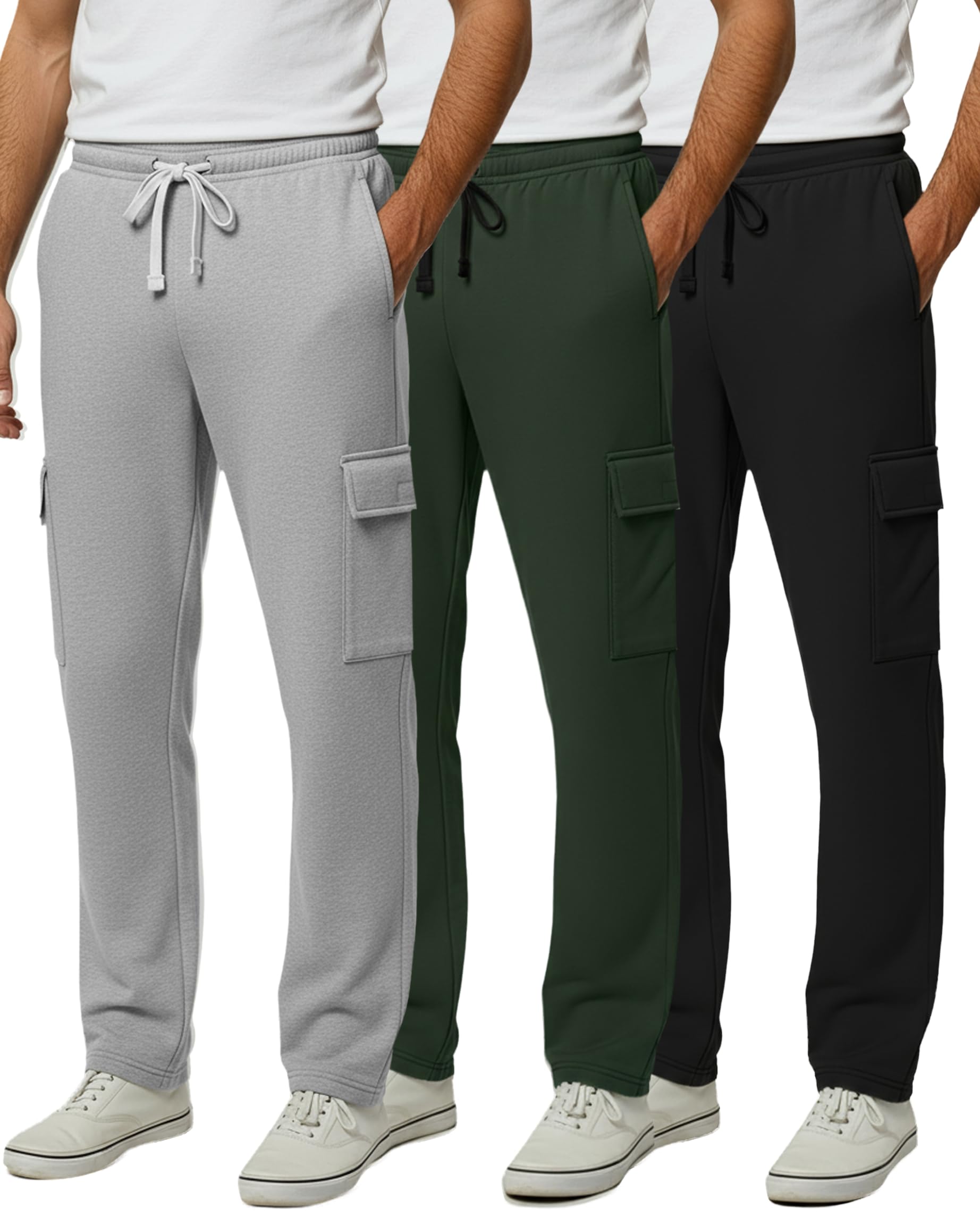 Real Essentials 3 Pack Mens Tech Fleece Open Bottom Cargo Sweatpants with Pockets Available in Big Tall