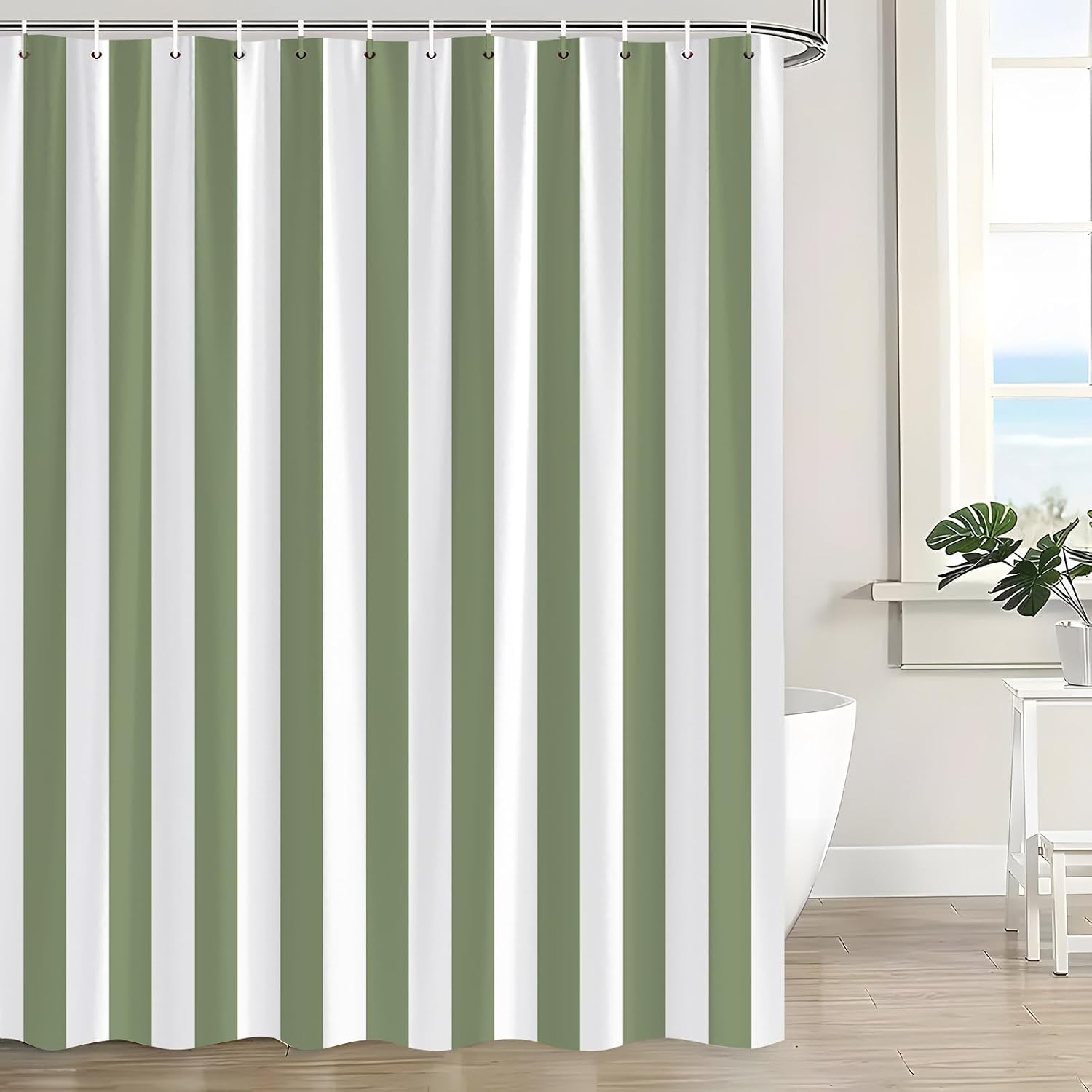 Green Striped Shower Curtain Cute Retro Vintage Sage Vertical White Stripe Geometric Modern Minimalist Aesthetic Bathroom Curtain with Hooks