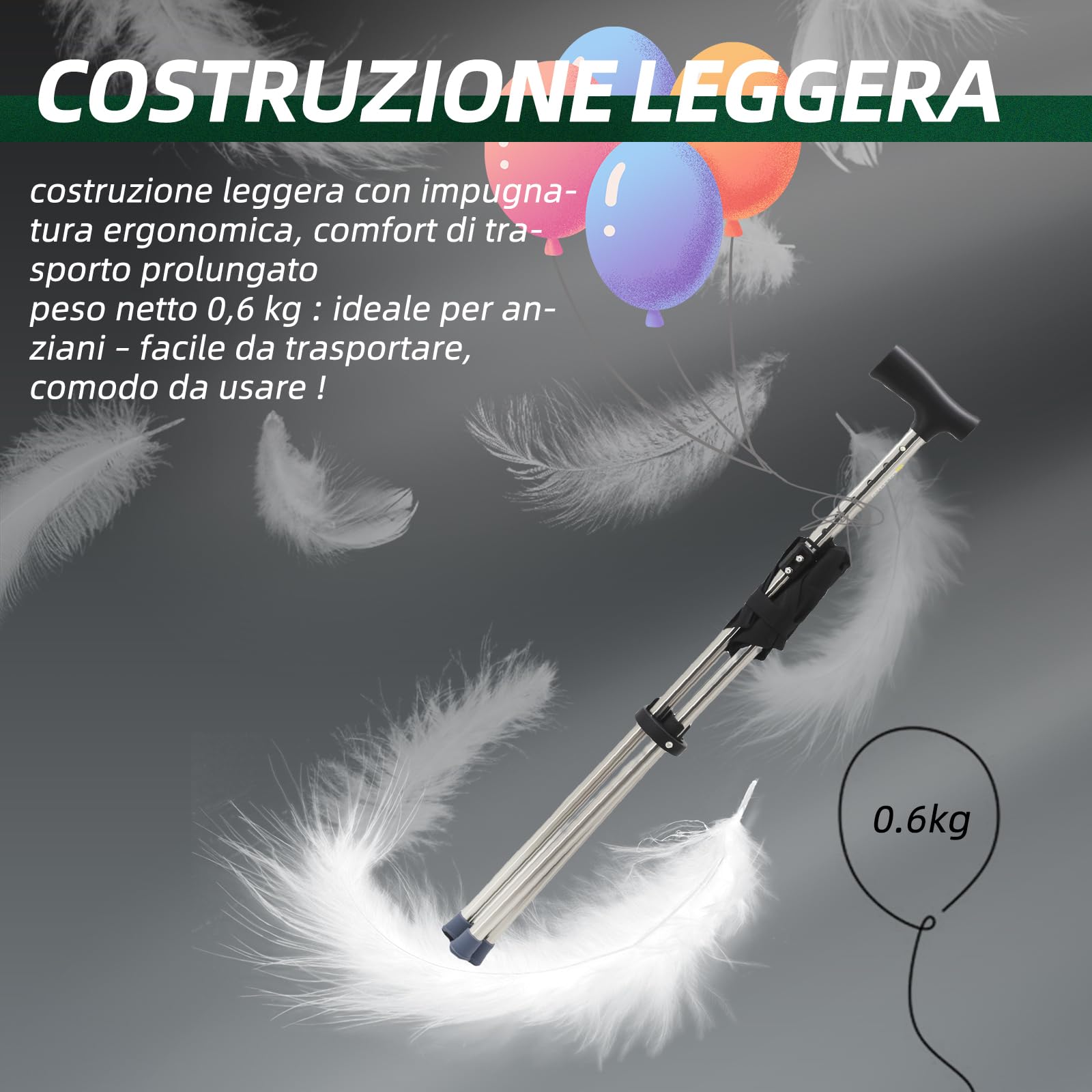 Bastone da passeggio con supporto, 80-90 cm, pieghevole e regolabile in altezza, base in silicone antiscivolo, portata fino a 150 kg, per anziani 140-190 cm (nero)
