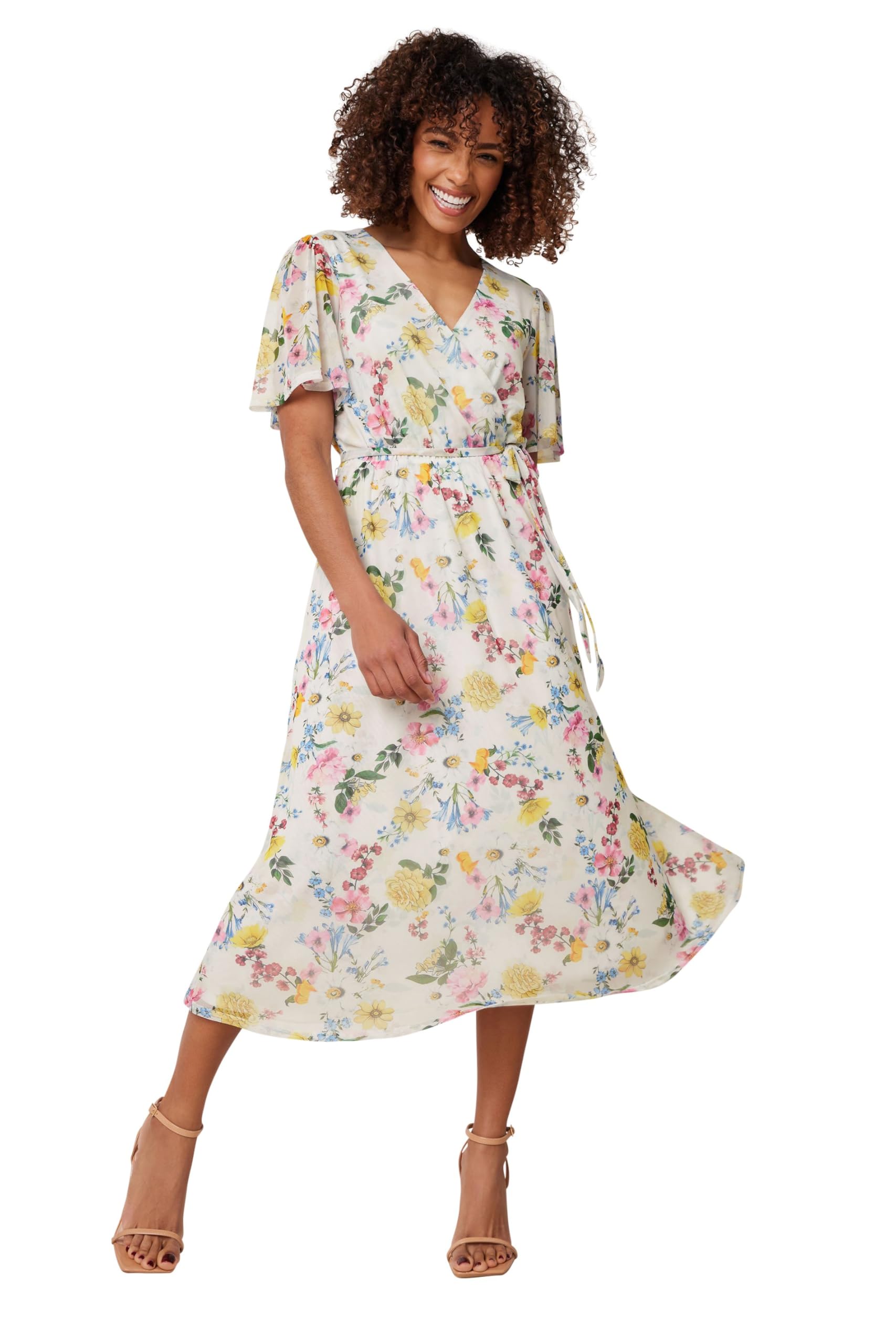 M&Co Women's Ivory Printed Wrap Midi Dress In Size 14