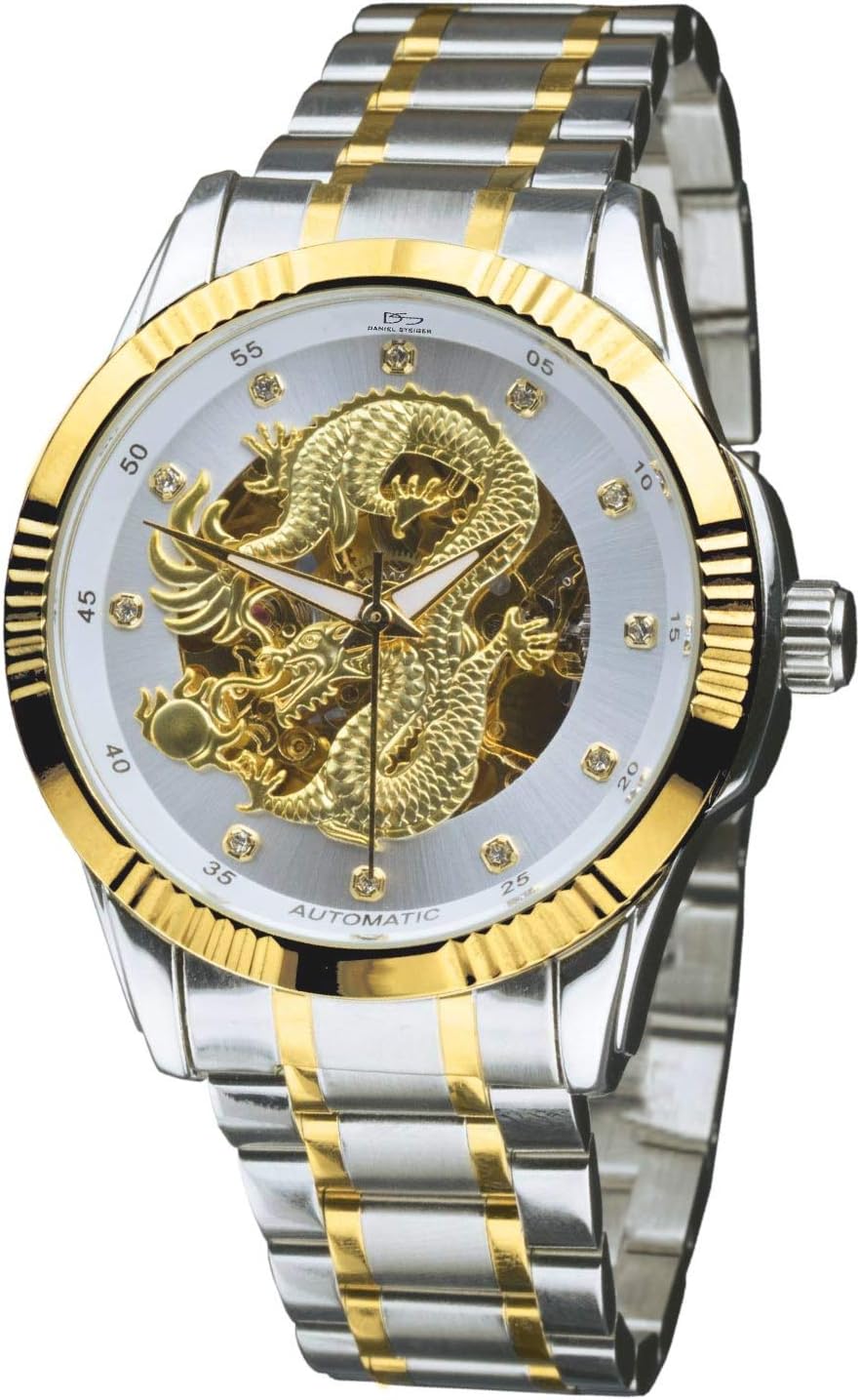 Dragon Automatic Men's Watch - Golden Chinese Dragon Dial with White Surround - Crystal Hour Markers - Two-Tone Gold & Steel Finish