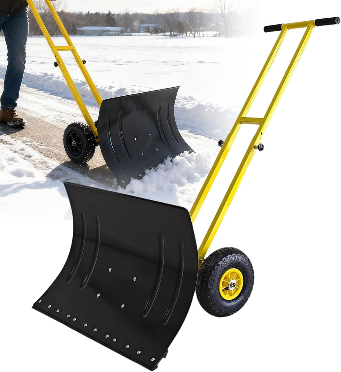 Snow Shovel, 29” Wide Heavy-Duty Metal Snow Pusher, 10” Pneumatic Rubber Wheels, 7-Position Angled Blade, Adjustable Height Anti-Slip Handle, Snow plow for Doorway, Driveway, Sidewalk