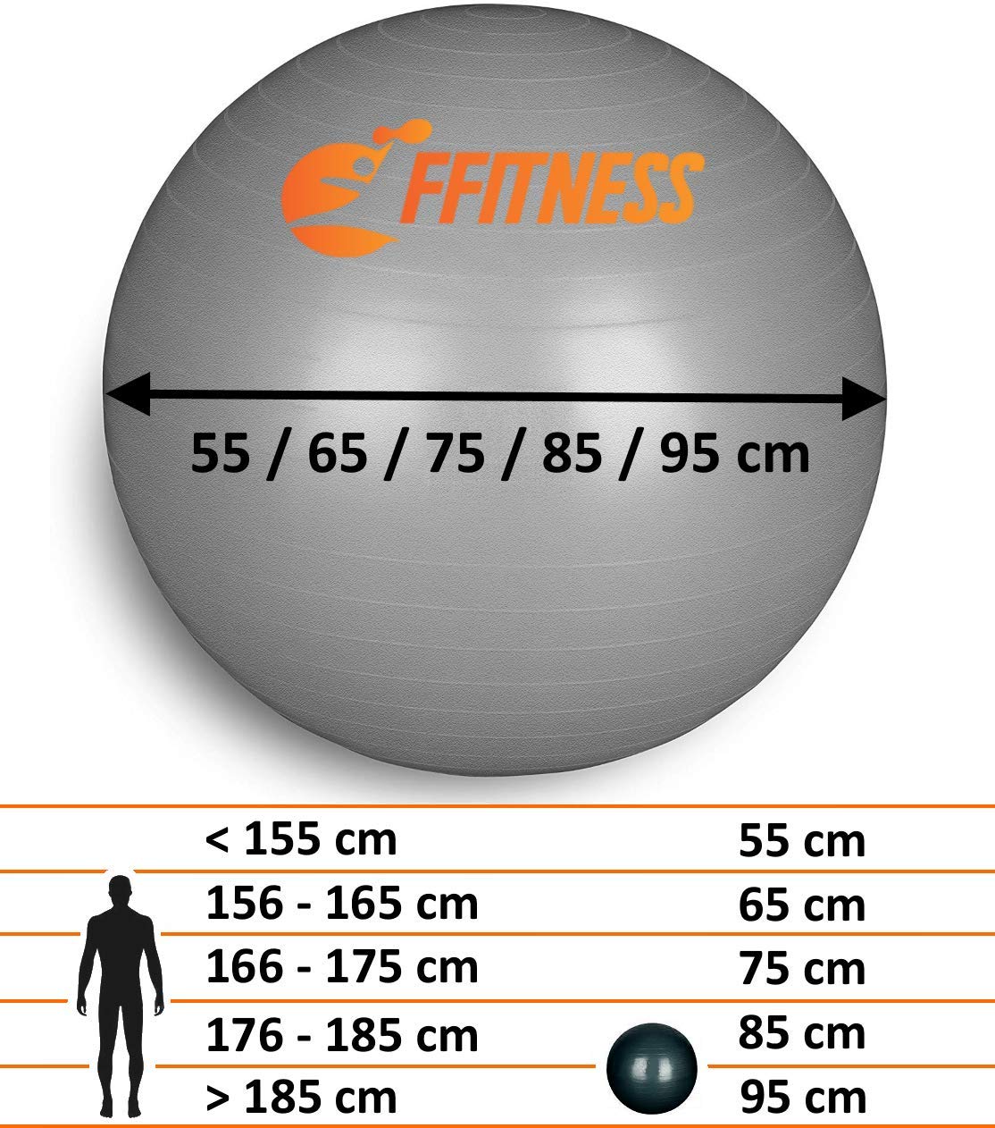 FFitness Ballon Total Body Balance Ball pour gymnastique prénatale, gros ballon de gymnastique (55, 65, 75, 85, 95 cm) anti-éclatement pour gainage, exercices abdominaux, résistance, renforcement