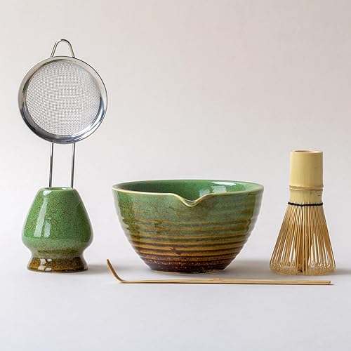 Miniatura 5 de Juego tradicional de ceremonia de té Matcha con cuenco de cerámica, batidor de bambú, soporte y colador, 5 piezas (verde)