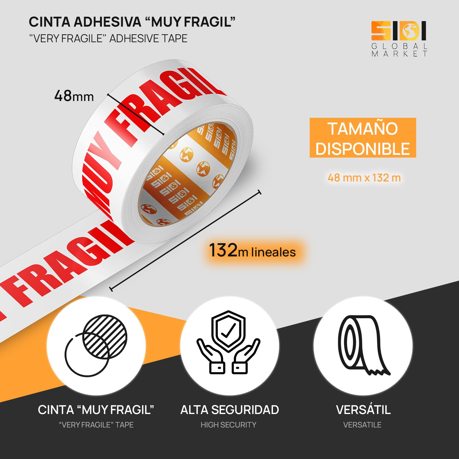 Cinta de Embalar, Cinta Adhesiva Blanca con Texto "MUY FRAGIL" en rojo, Cinta de Embalaje para Cajas Mudanza y de Envío, Transporta Cajas de Forma Segura, Cinta de Embalar 48mm x 132m - SIDI (24 uds)