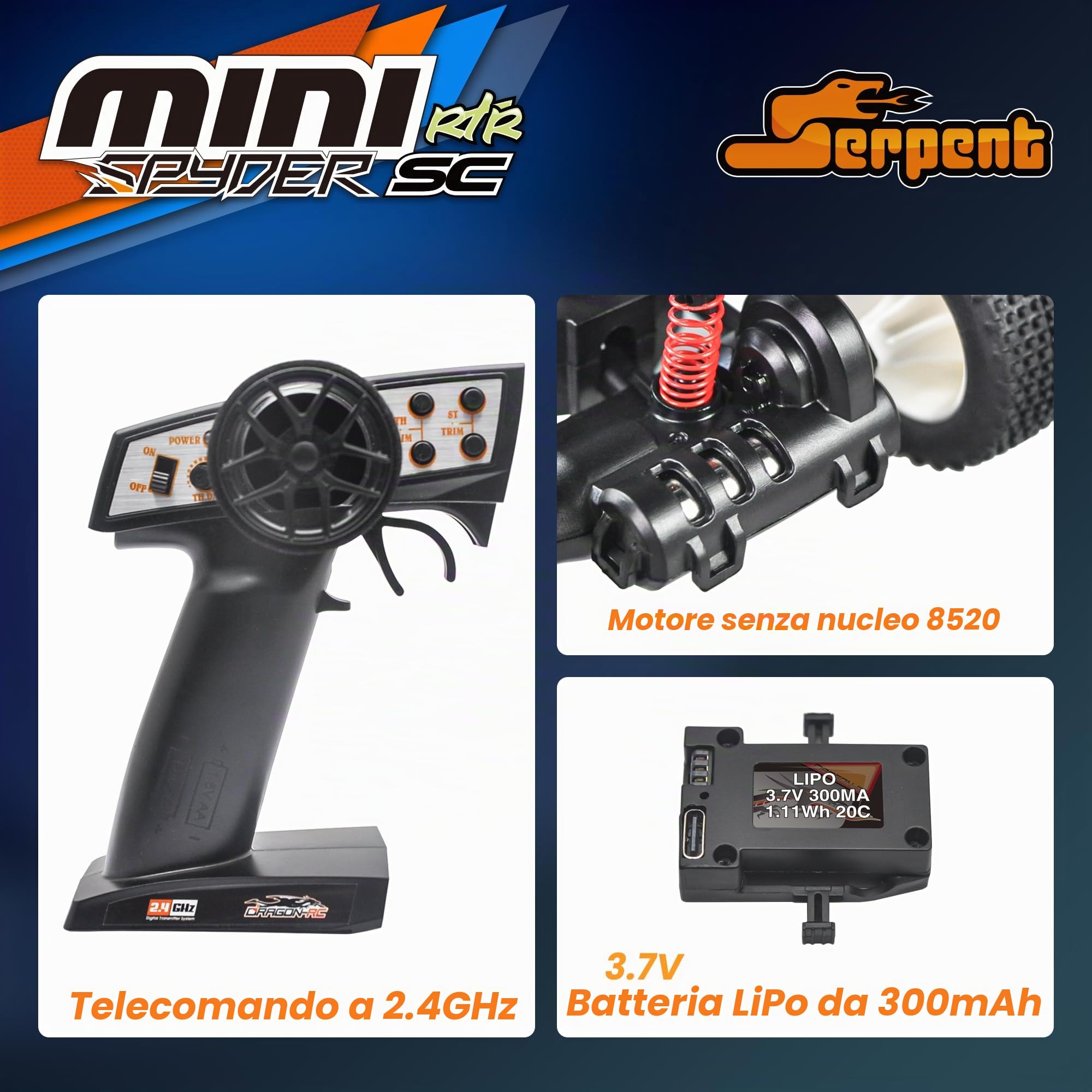 Serpent Mini Spyder RC auto in scala 1/24 con giroscopio, 20 km/h ad alta velocità elettrica RTR fuoristrada telecomandata, camion corto da 2,4 GHz, ad alte prestazioni con 1 batteria, 1 cavo dati USB
