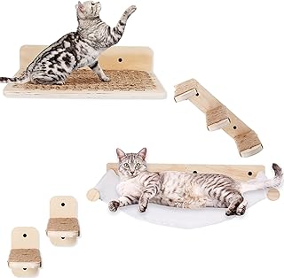 Set of 5 Wall Mounted Cat Sets Pet Cat Wooden Climbing Shelf Hammock Steps Stairway with Jute Scratching Mat Wall Furniture for Cats Indoor Playing Platform Lounging Climbing Pet Supplies