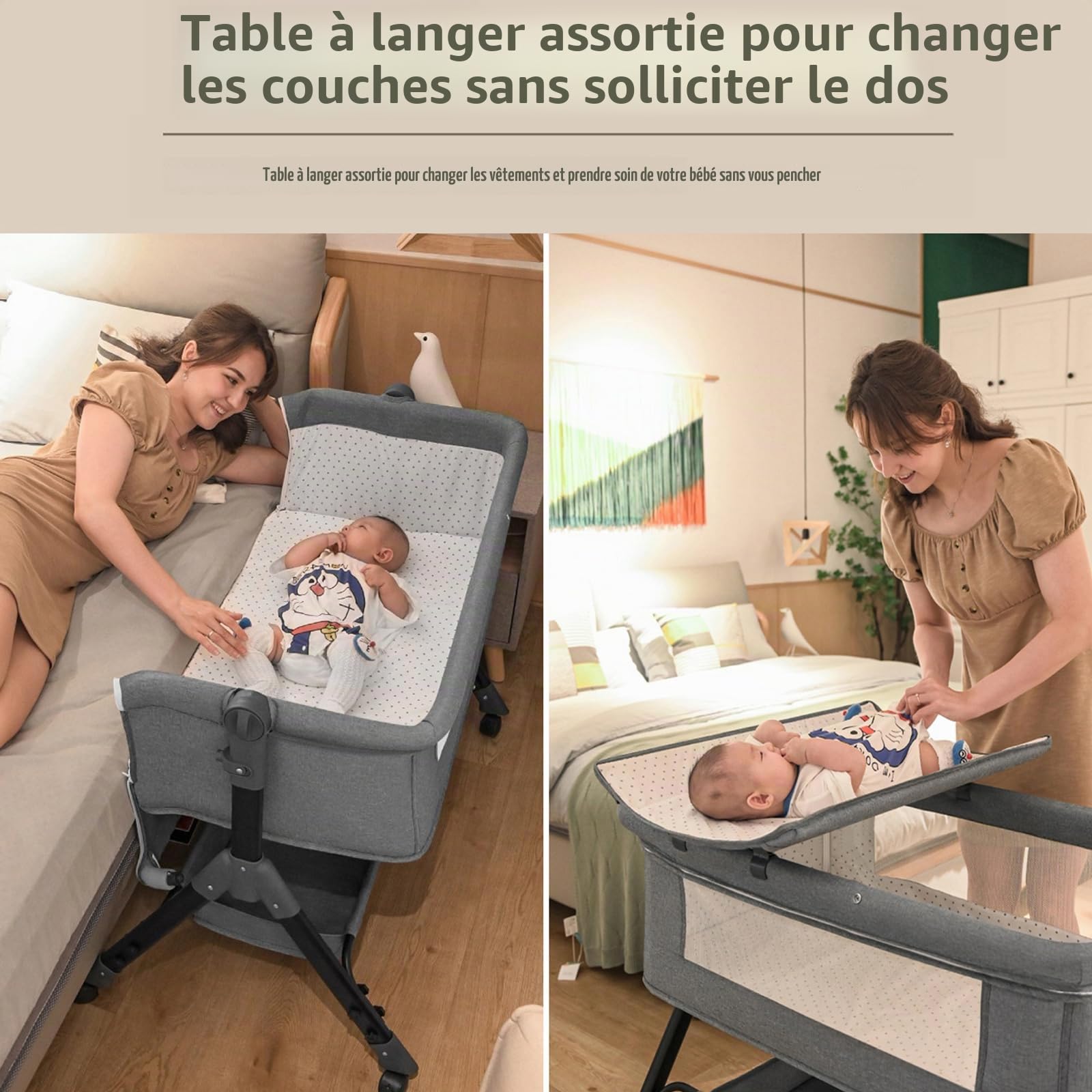Lit de Voyage Pliable 3 en 1, Berceau à Bascule pour Bébé, Lit Nouveau-né, avec Table à Langer, Moustiquaire, Panier de Rangement, Matelas, 4 roues, pour Bébé de 0 à 24 Mois (KHAKI)