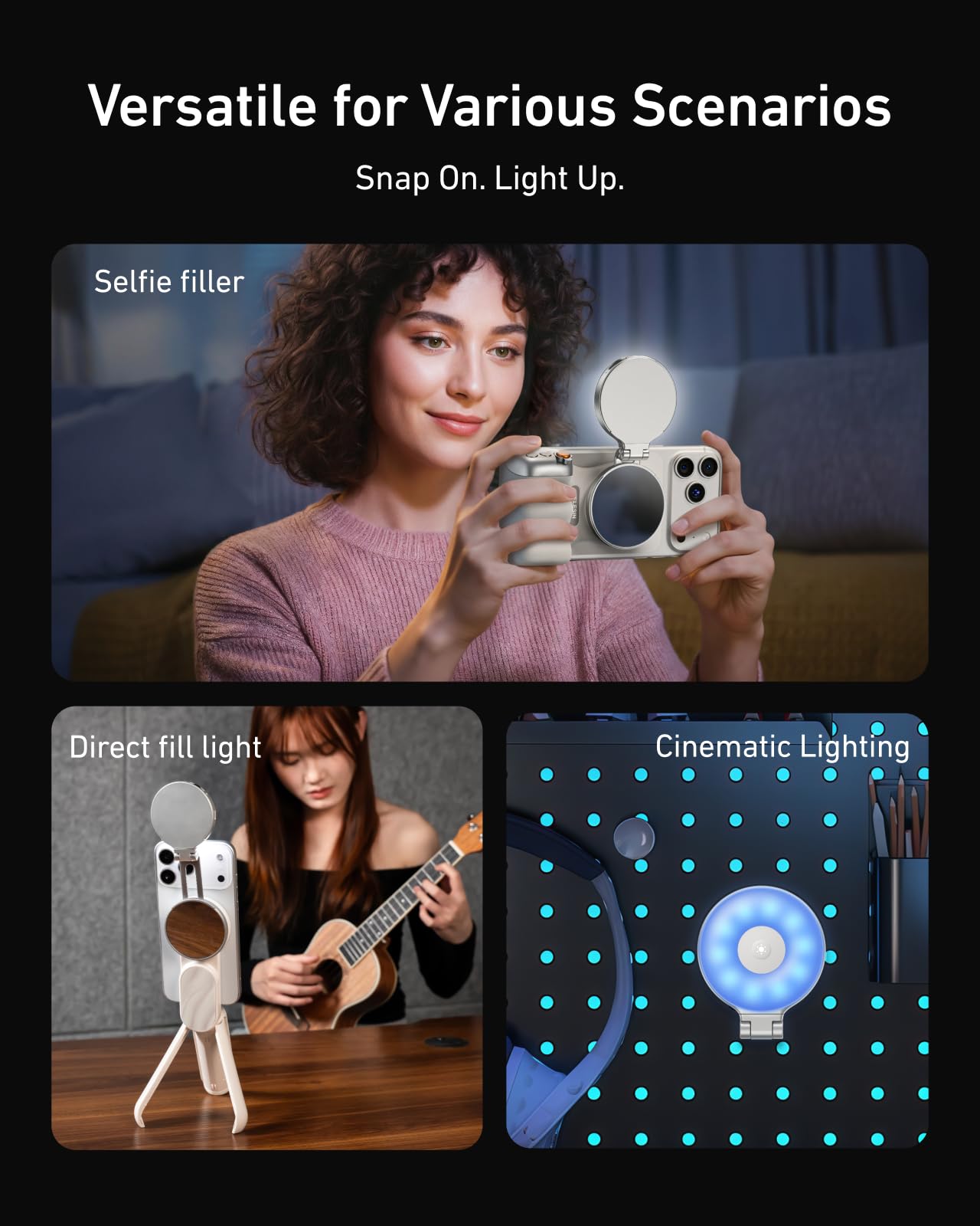 TELESIN Luce Selfie RGB Magnetica 4 in 1 per iPhone & Android, Luce Video LED 360° Ricaricabile con Specchio e CCT 2500K–7000K, Compatibile MagSafe, per TikTok, Vlog, Trucco, Fotografia, Streaming