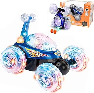 Haktoys Rechargeable RC Tornado Stunt Car – 360° Flip Remote Control Turbo Twister Vehicle with Lights & Music | Double-Sided Spinning Car Toy for Toddlers Kids Boys Girls (Blue)