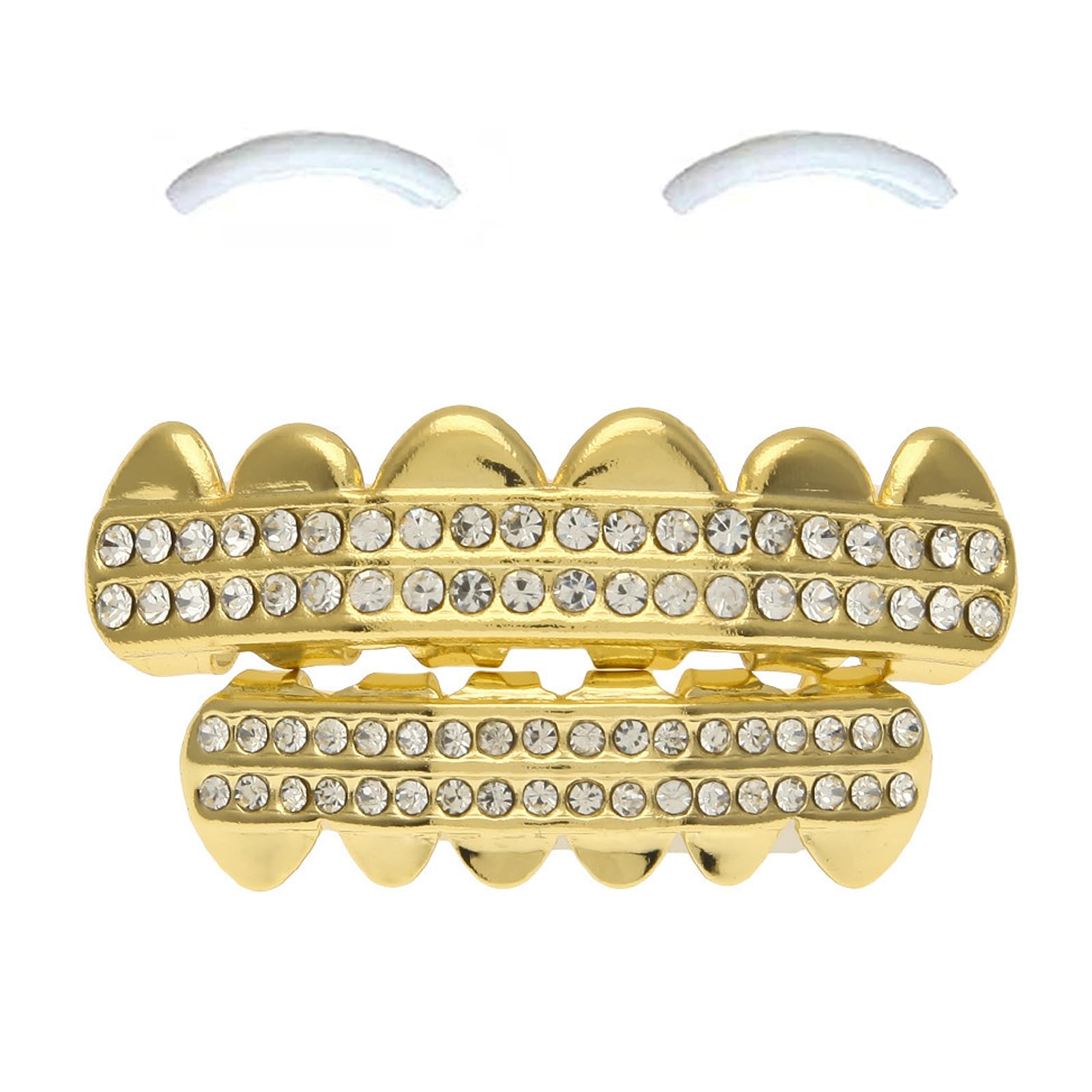 SSyang 18K Hip Hop Teeth Grills for Mouth Braces Decoration with 2 Silicone Moldings Hip Hop Teeth Grills for Mouth Top Bottom Music Festival Party Rapper Decorations (Double Row Drill,Golden)