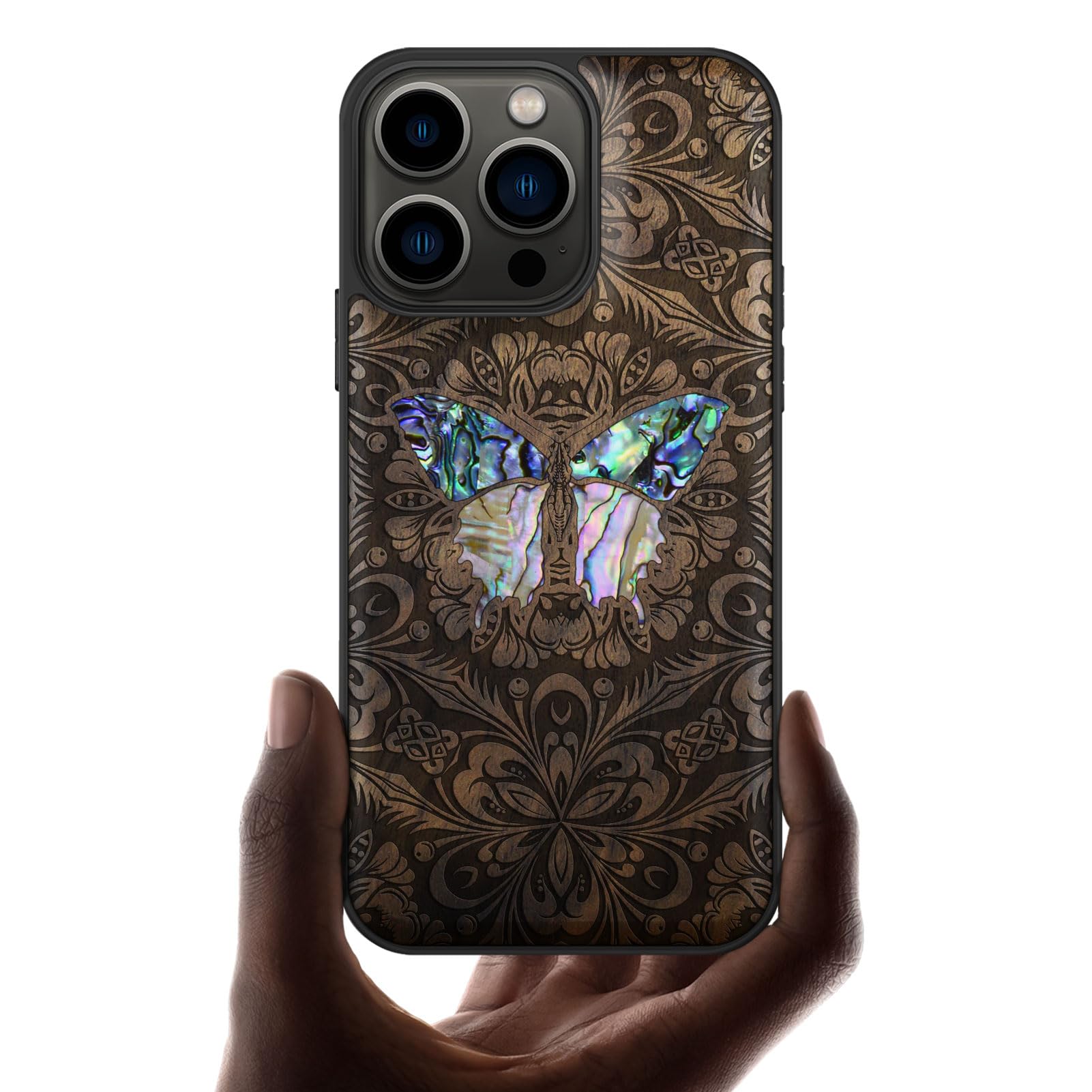 Carveit Designer Wooden Protective Case for iPhone 13 Pro Magnetic Cover [Wood Engraving & Shell Inlay] Compatible with 13 Pro MagSafe (Baroque