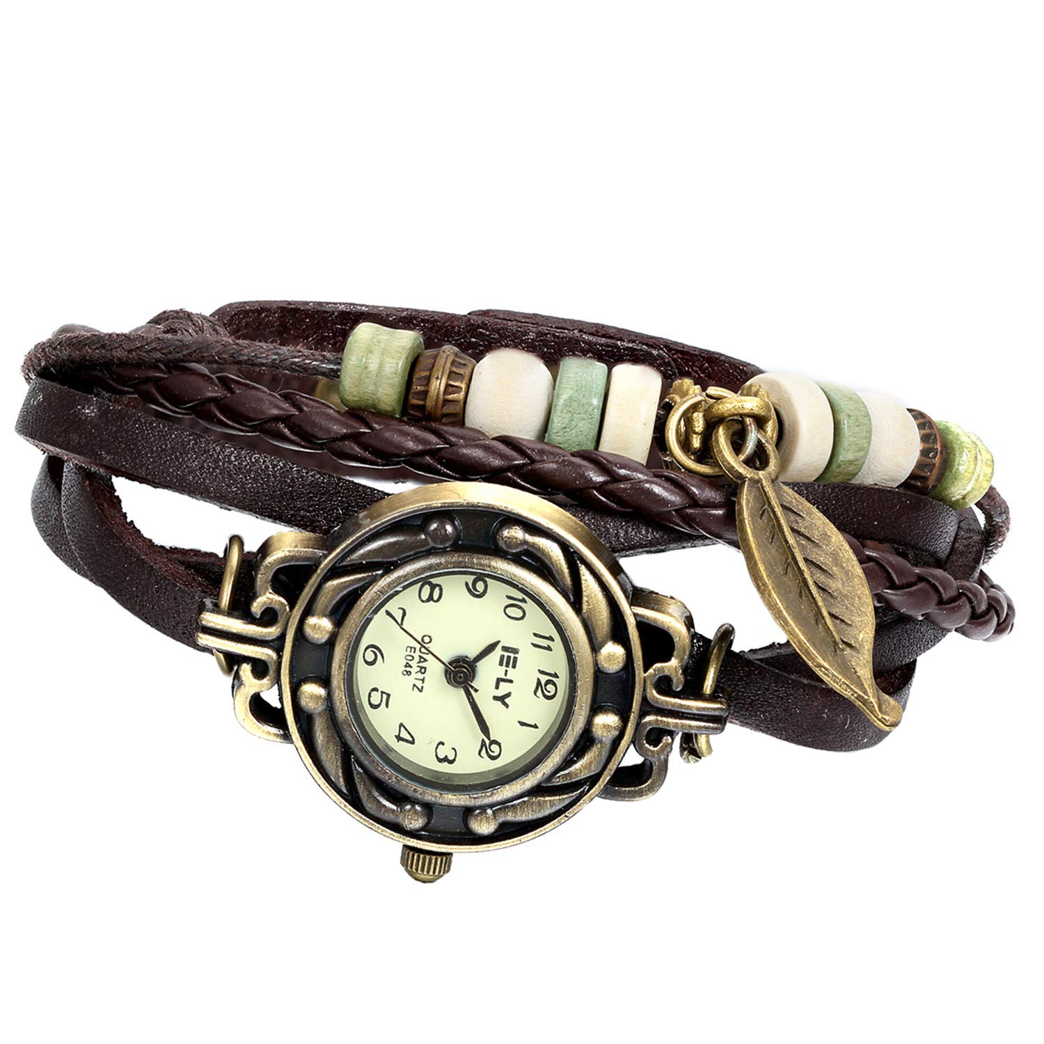 Avaner Montre Femme Vintage Montre Bracelet/décoration Feuilles tressées à la Main/Couleur café
