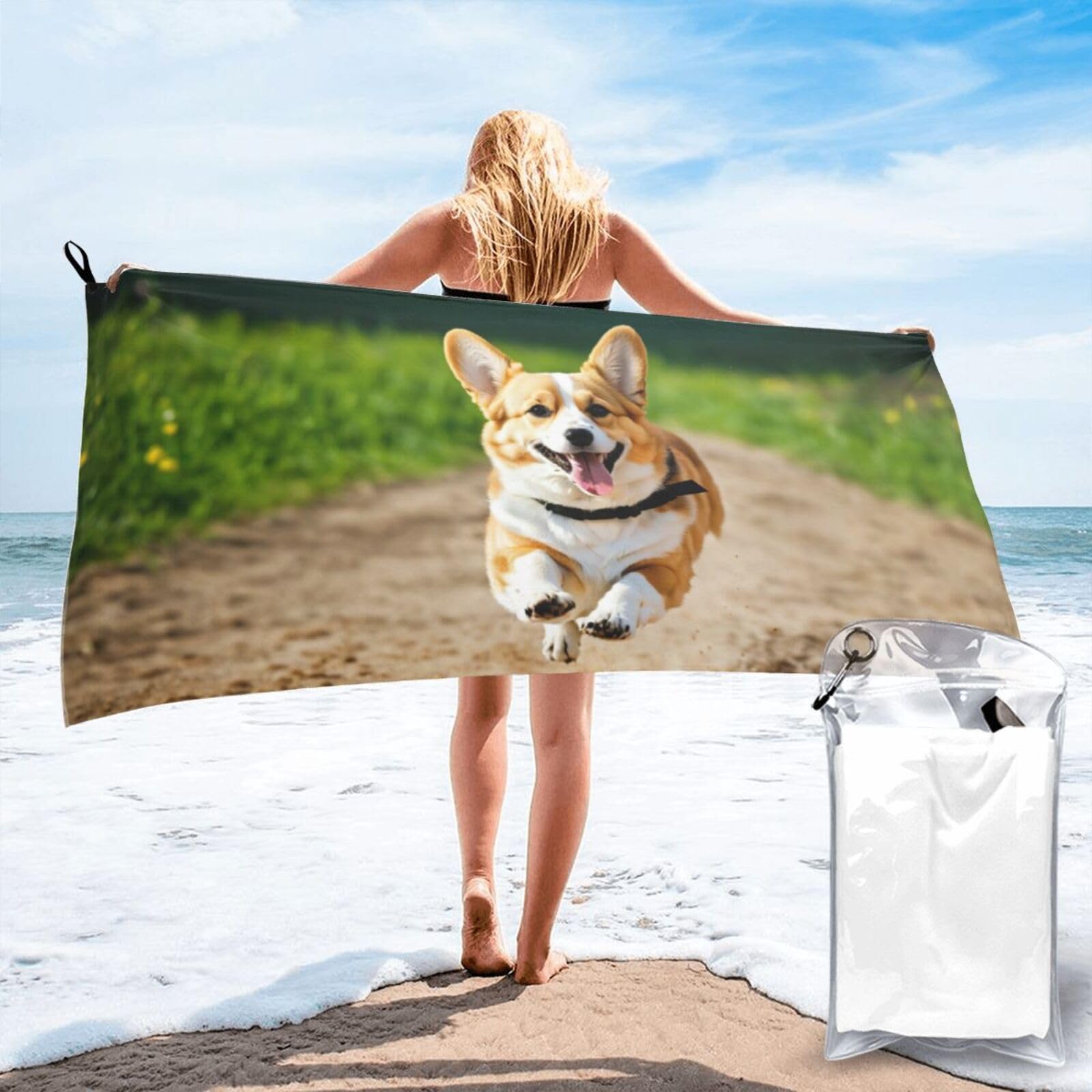 Toalla de secado rápido con estampado de corgi, tejido suave y ligero ideal para camping