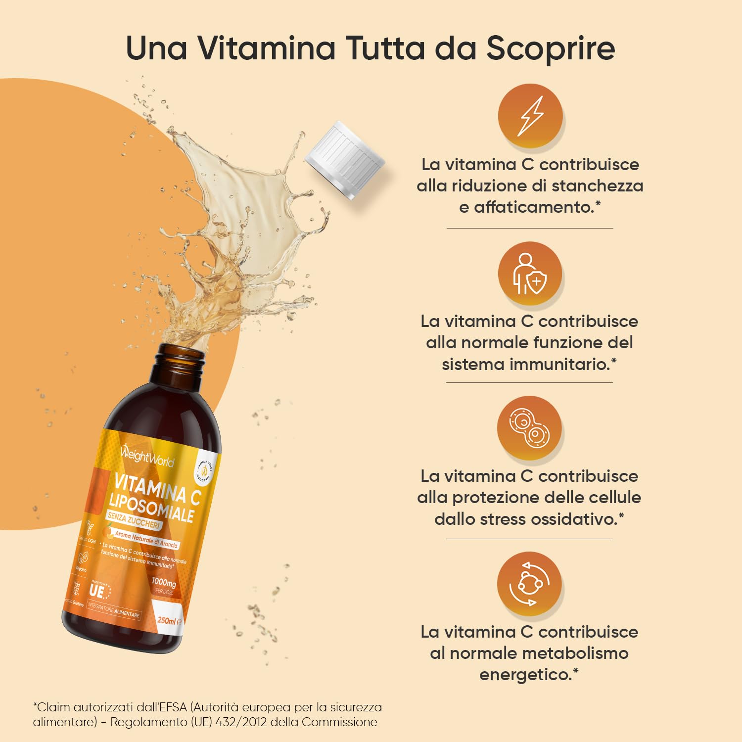Vitamina C Liposomiale Vegan Liquida 250ml, Vitamina C 1000mg Alto Dosaggio, Stanchezza e Affaticamento, Aroma Naturale Arancia