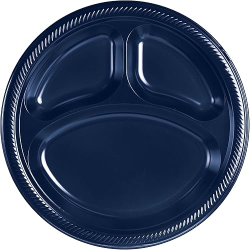Platos de plástico True Navy Blue con 3 compartimentos, 10 pulgadas (paquete de 20), platos de fiesta vibrantes y cómodos para todas las ocasiones