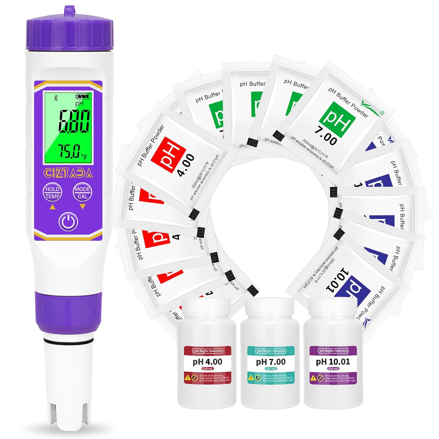 Digital pH EC Meter and pH 7.00/4.00/10.01 Calibration Buffer for Hydroponics Nutrients, Smart pH EC PPM Tester with 15 Pack pH Calibration Buffer Powder for Indoor Plant Growing, Pool