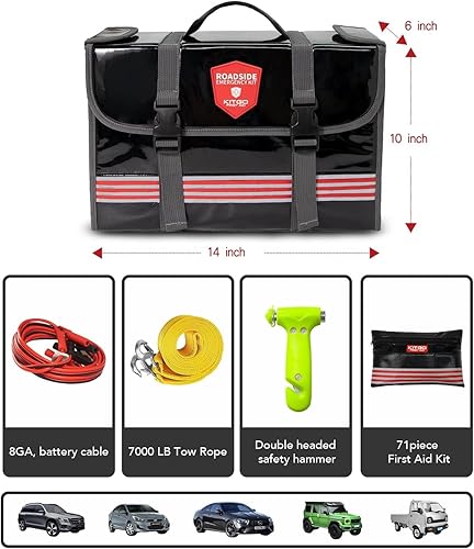 Miniatura 5 de Kitgo Kit de emergencia para automóvil, esenciales de asistencia en carretera de primera calidad con cables de puente, linterna, pala, juego de