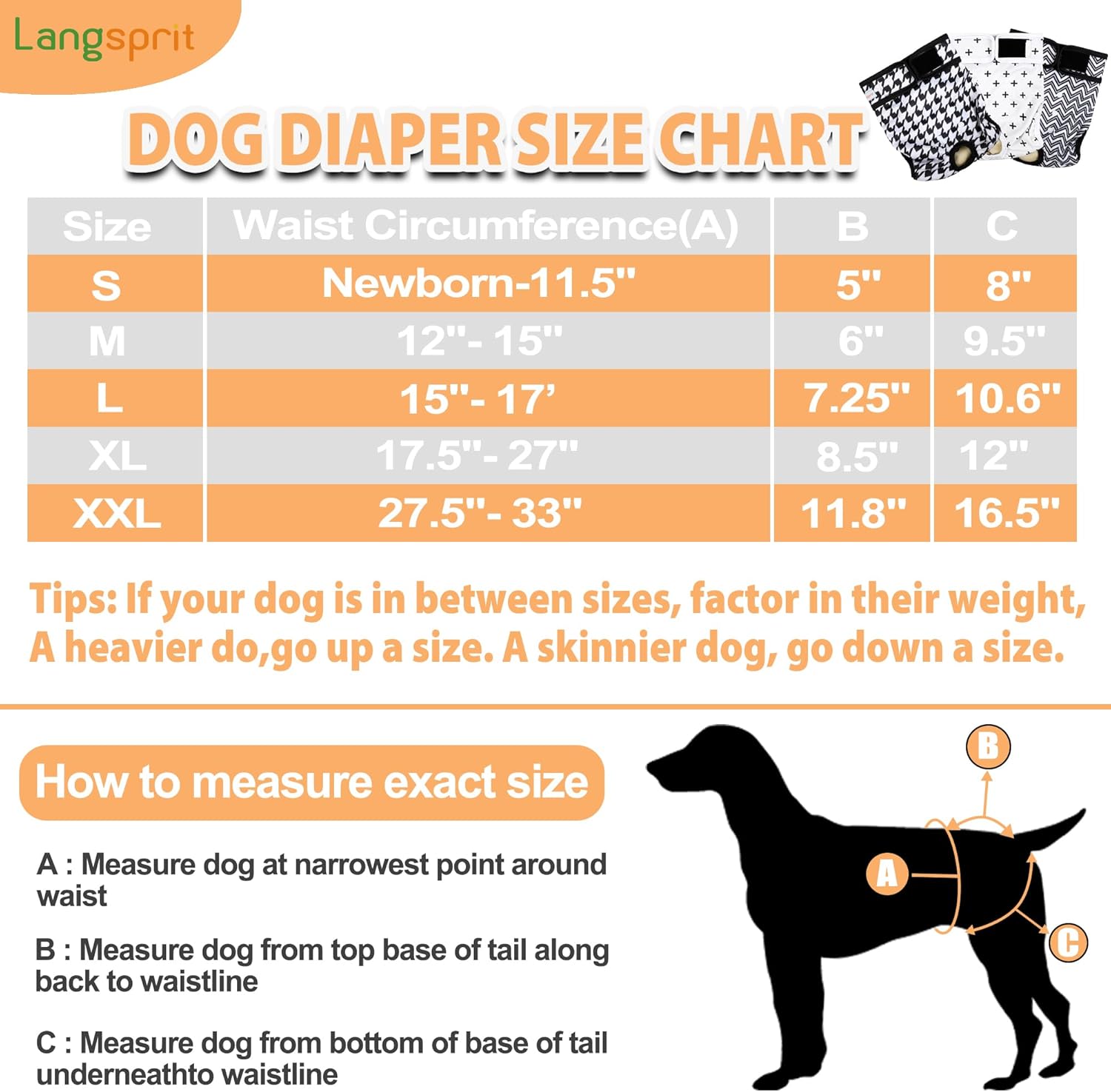 Langsprit Washable Female Dog Diapers - Doggie Reusable Diapers for Doggy Puppy Female in Period - Highly Absorbent Dog Heat Panties (Black and White,XXL)