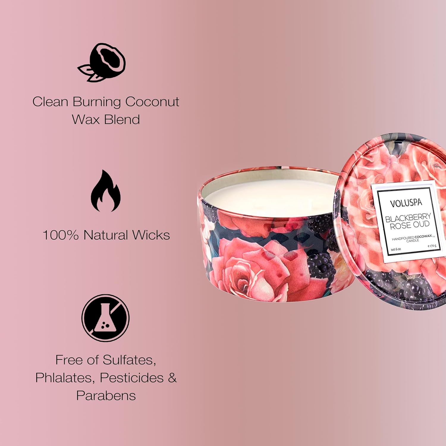 Voluspa BlackBerry Rose Oud, 2 Wick Tin Candle, 8 oz, 25 Hour Burn Time, Coconut Wax for Clean Burning, Handcrafted in The USA - Image 4