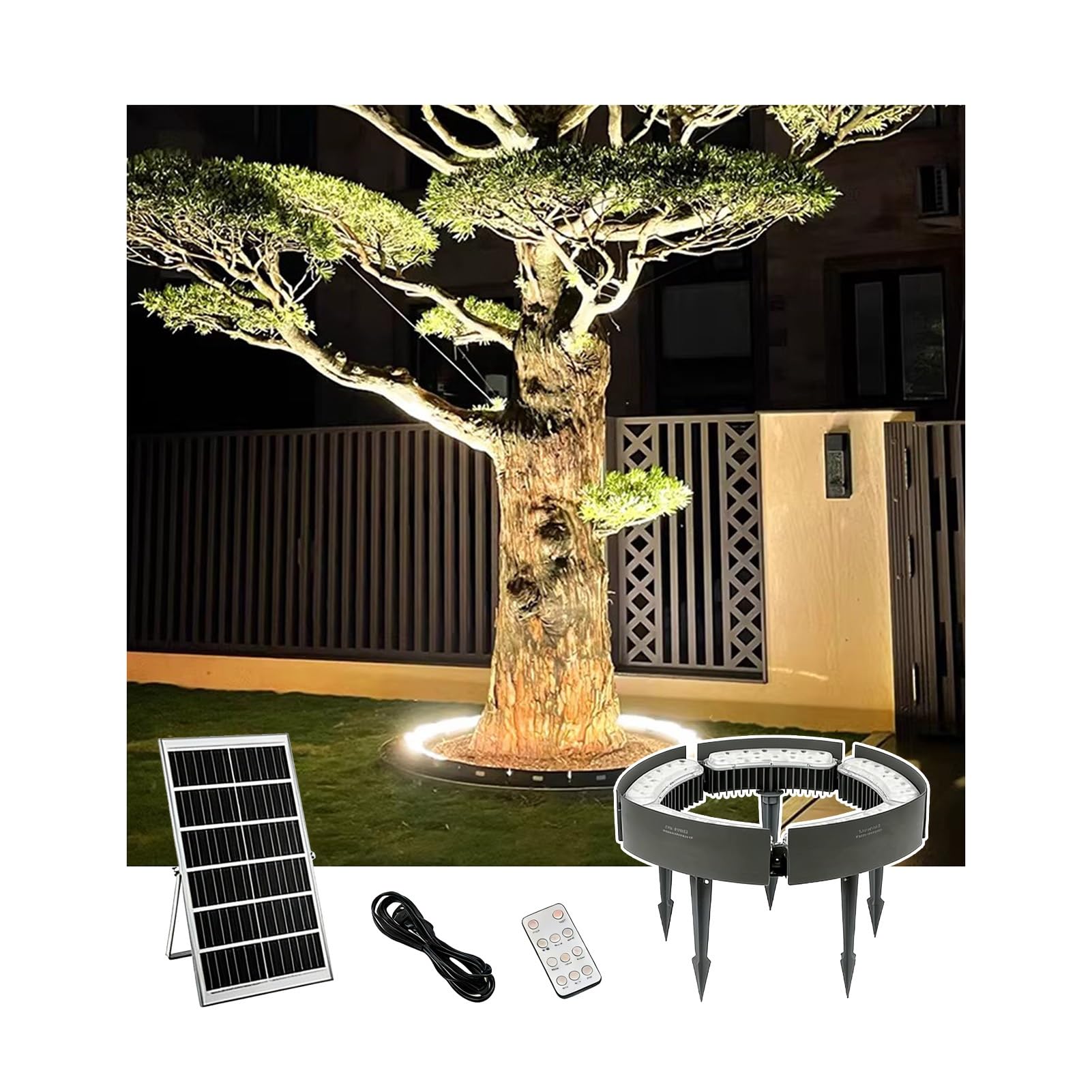 Zewnętrzna lampa solarna LED, wodoodporna lampa pierścieniowa IP65, 60 W, 5 głowic na taras, trawnik, do ogrodu i podjazdu.