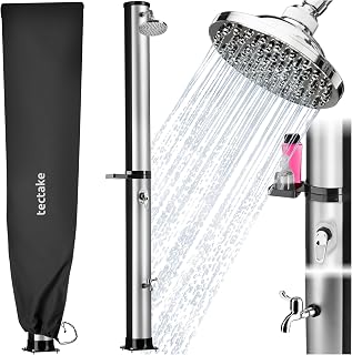 tectake® Ducha Exterior Jardin, Resistente a la Intemperie, Temperaturas Altas, Alcachofa 360°, Grifo de Ducha Jardin para Pies, Conexión para Manguera, Ducha Solar Exterior - 40 L Negro/Plata