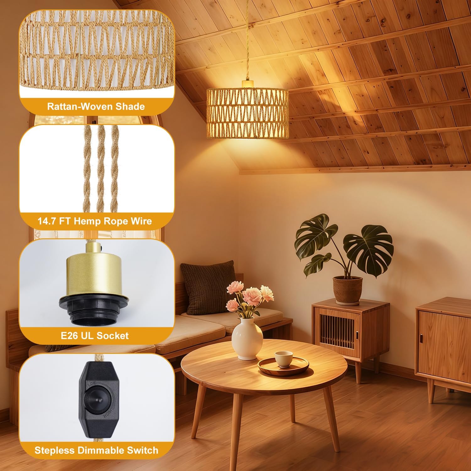 Plug in Rattan Pendant Light Farmhouse 14.7 FT Hemp Rope Cord, Boho Hanging Lamp Dimmable, 2-in-1 Wicker Woven Lamp Shade, Pendant Hanging Lamps for Living Room Bedroom Kitchen(Bulb Included)