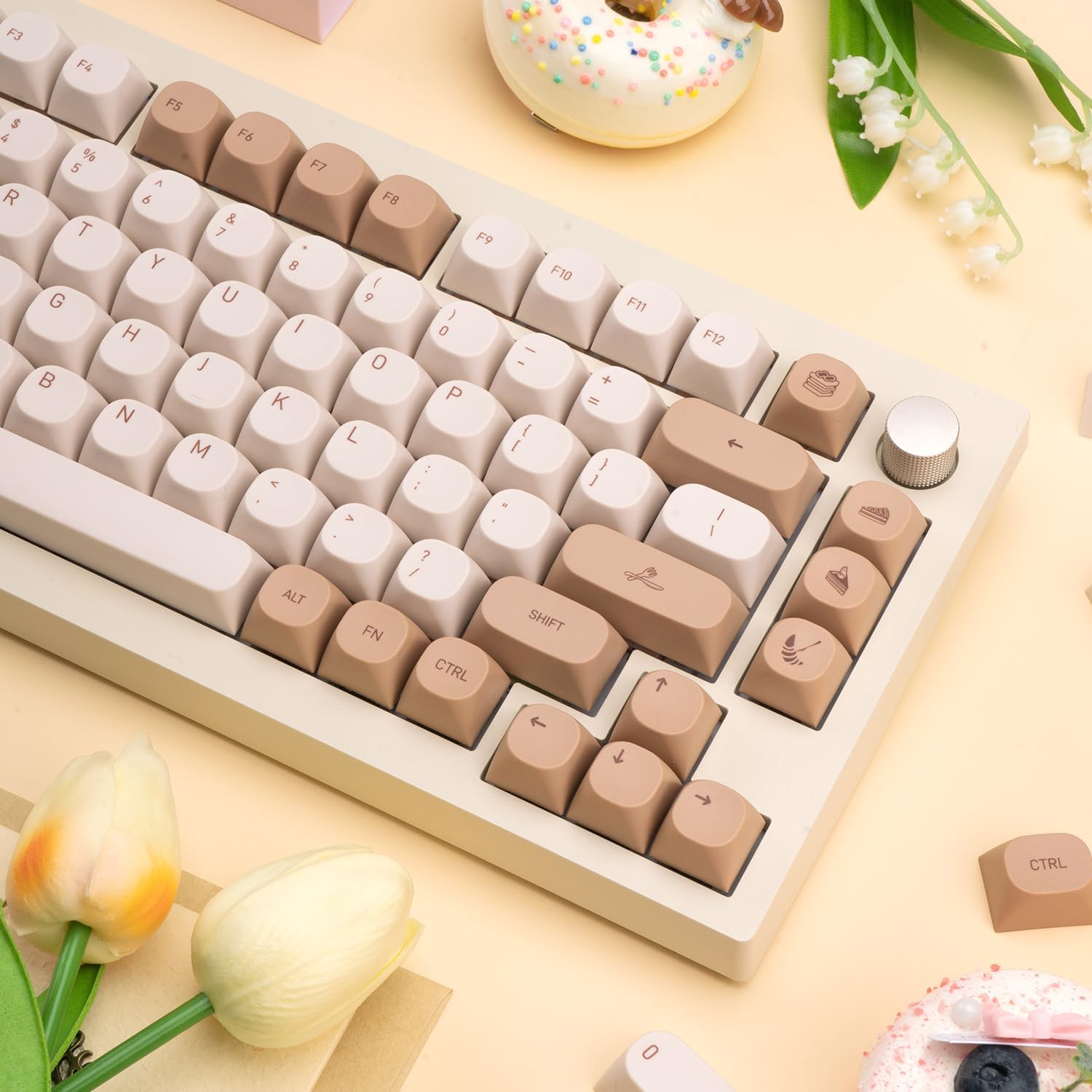 119 Keys Retro Minimalist Brown and Grey Keycaps, Custom MA Profile PBT Dye Sub Keycaps for ANSI Layout Cherry Mx Mechanical Keyboard (Only Keycap)