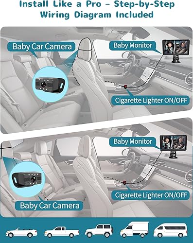 Miniatura 5 de Cámara de coche para bebé, pantalla dividida de 7 pulgadas con cámaras de doble asiento, visión nocturna, HD 1080P, alimentada por USB, fácil de