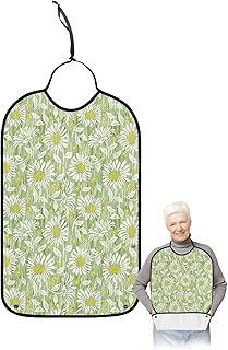Kewadony Adult Bibs for Elderly Women - Daisy Flower Waterproof Dining Clothing Protectors with Crumb Catcher for Eating/Feeding, Watercolor Spring Rustic Floral Aesthetics Green Terry Cloth Bib