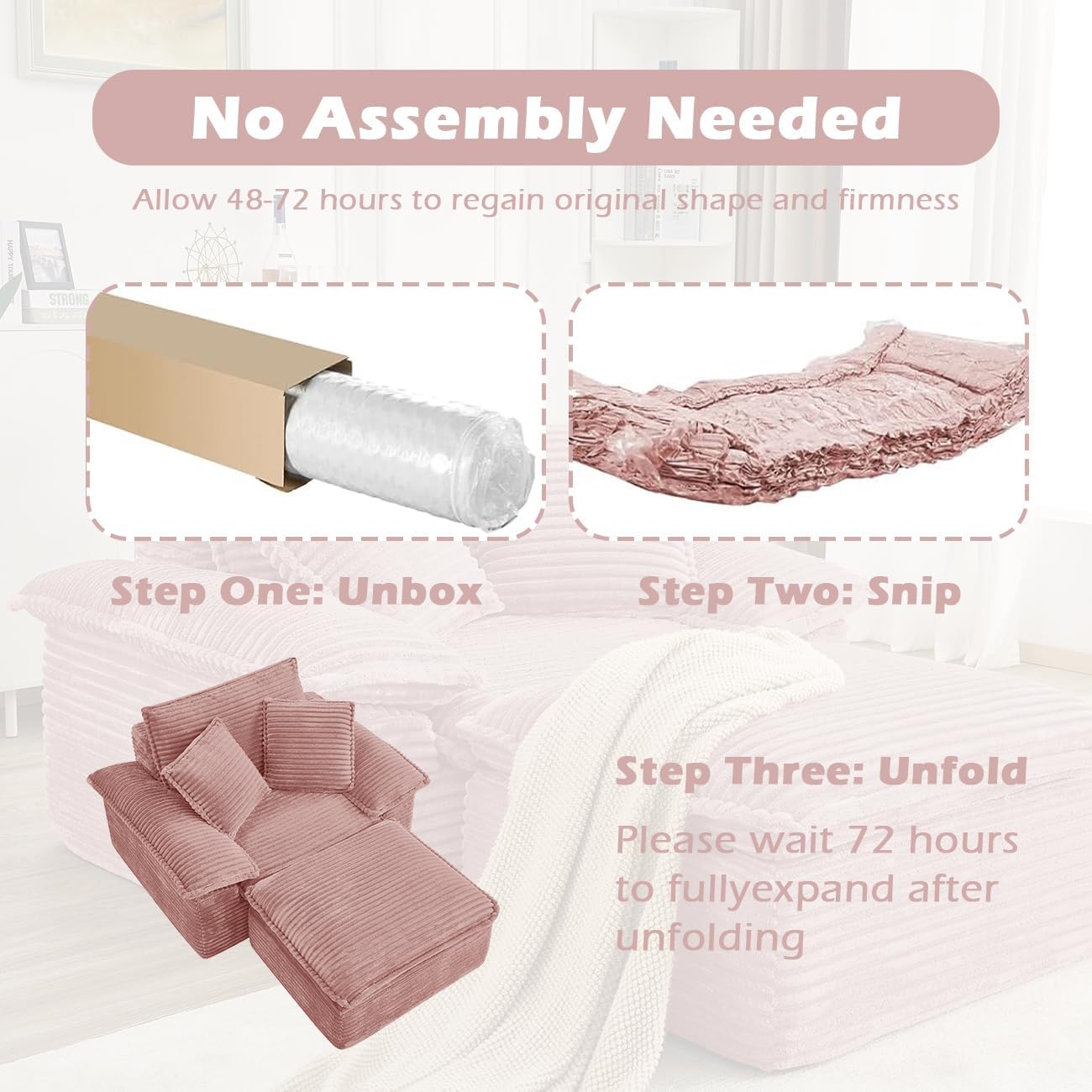 Boneless Cloud Sofa with Ottoman,47" Corduroy Comfy Couch for Living Room Furniture Sets, Compressed Couch with Footstool & Throw Pillow Cushion for Small Spaces,No Assembly Needed,Pink