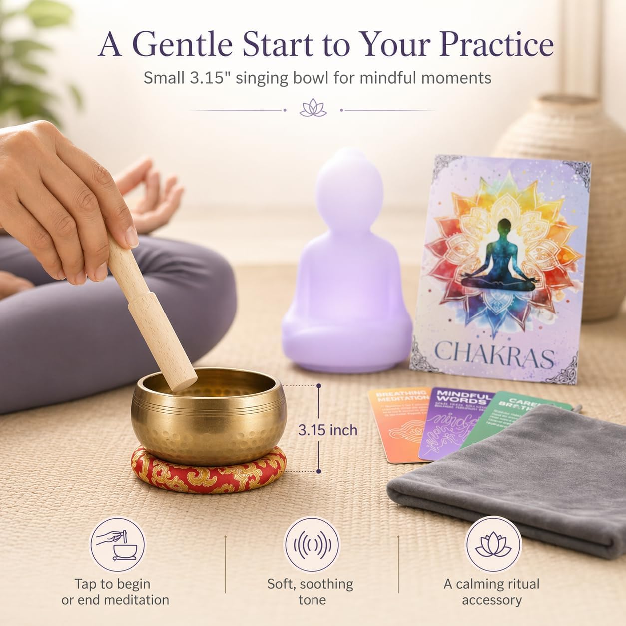 Meditation Cushion (Zafu) with Buckwheat Filling – Ergonomic Support for Proper Posture, Premium Meditation Set with Breathing Light & Accessories