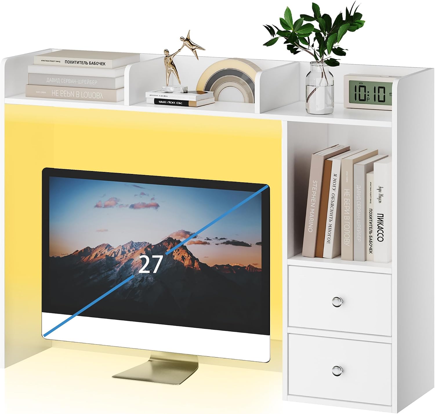 ChooChoo Desktop Bookshelf with LED Lights, 36.6" Dorm Desk Hutch with 4 Shelves and 2 Drawers, Fits 27" Monitor, Desk Organizer Shelf for Dorm Office Home, White thumbnail
