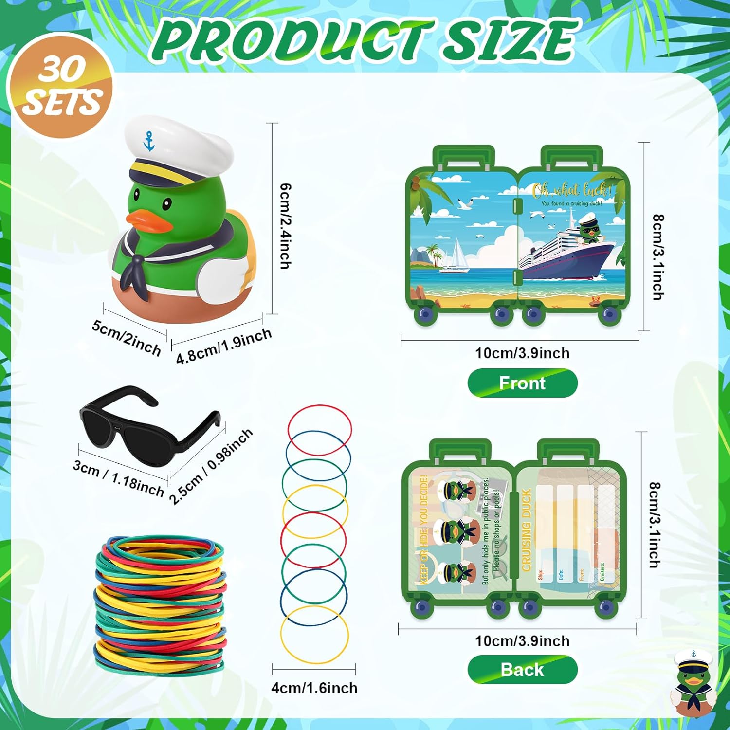 Simgoing 120 Pcs Duck Tag Cruise Kit Cruising Rubber Mallard Duck with Mini Sunglasses for Cruise Ship and Tag Card Elastic Band for Hiding Carnival Ducking Car Party Favor and Luggage Decorations