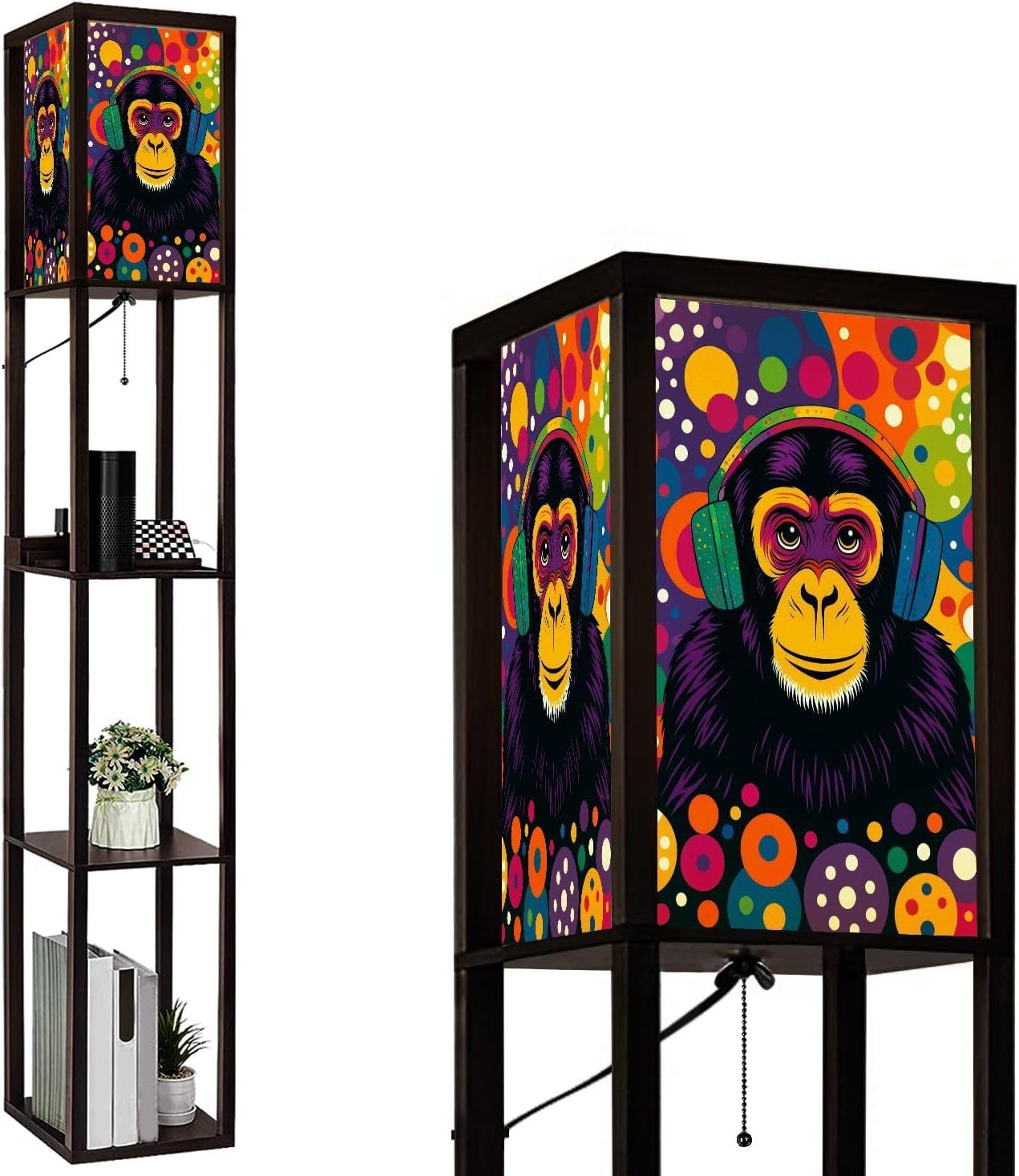Floor Lamp with Shelves Graffiti Monkey Headphones Street Pop Art Chimpanzee Colorful Circles Standing Tall Lamp USB Ports & Power Outlet Modern Corner Lamp Nightstand Light for Living Room Bedroom