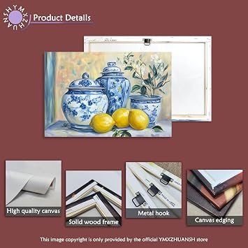 YMXZHUANSH Lemon Canvas Wall Art Kitchen Citrus Fruit Pictures Wall Decor Yellow Lemon Pottery Blue Classical Painting for Farmhouse Decor Frame(White 20.00 x 30.00)