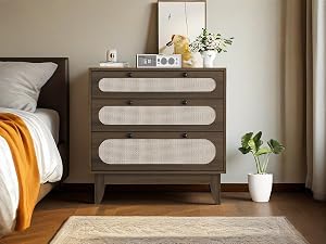 Rattan 3 Drawer Dresser, Modern Farmhouse Wooden Chest with 3 Drawers, Rattan Wooden Narrow Bedside Nightstand, Accent Side Table for Bedroom, Living Room, Dark Wood