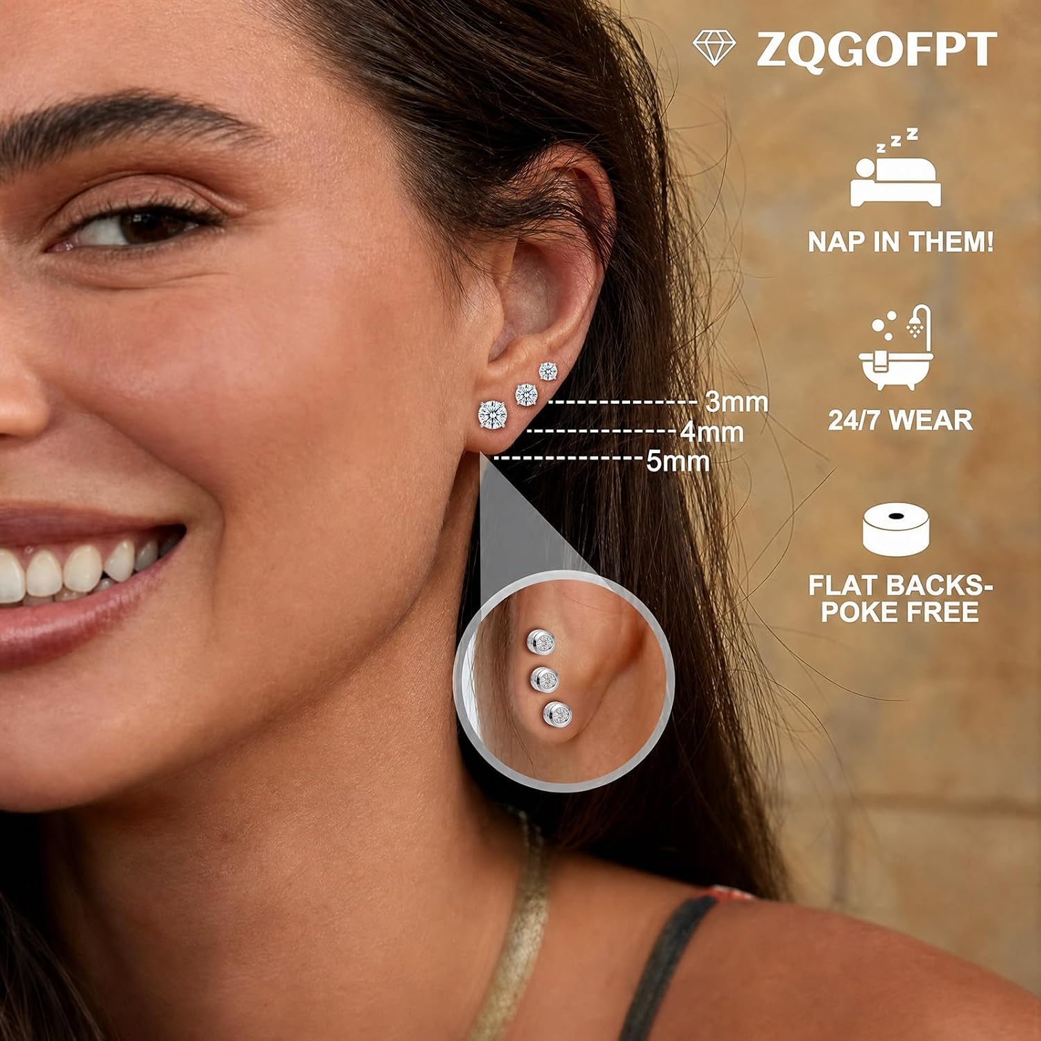 3 Pairs Moissanite Flat Back Stud Earrings for Women Men, 3mm 4mm 5mm Hypoallergenic Stainless Steel Spiral Screw Back Earrings 4 Colors Piercing Jewelry for Daily Party Gift