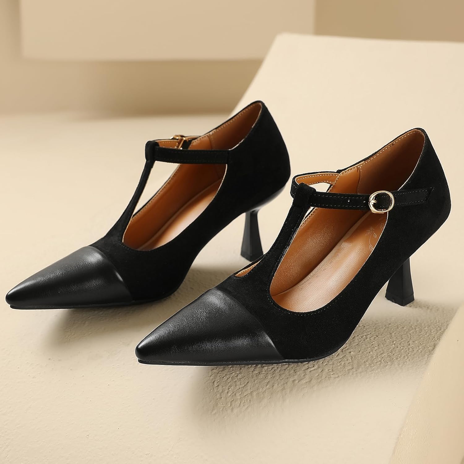 T-Strap Pumps Shoes for Women Square Toe Pearl Dress Pumps Low Block Heel Mary Jane