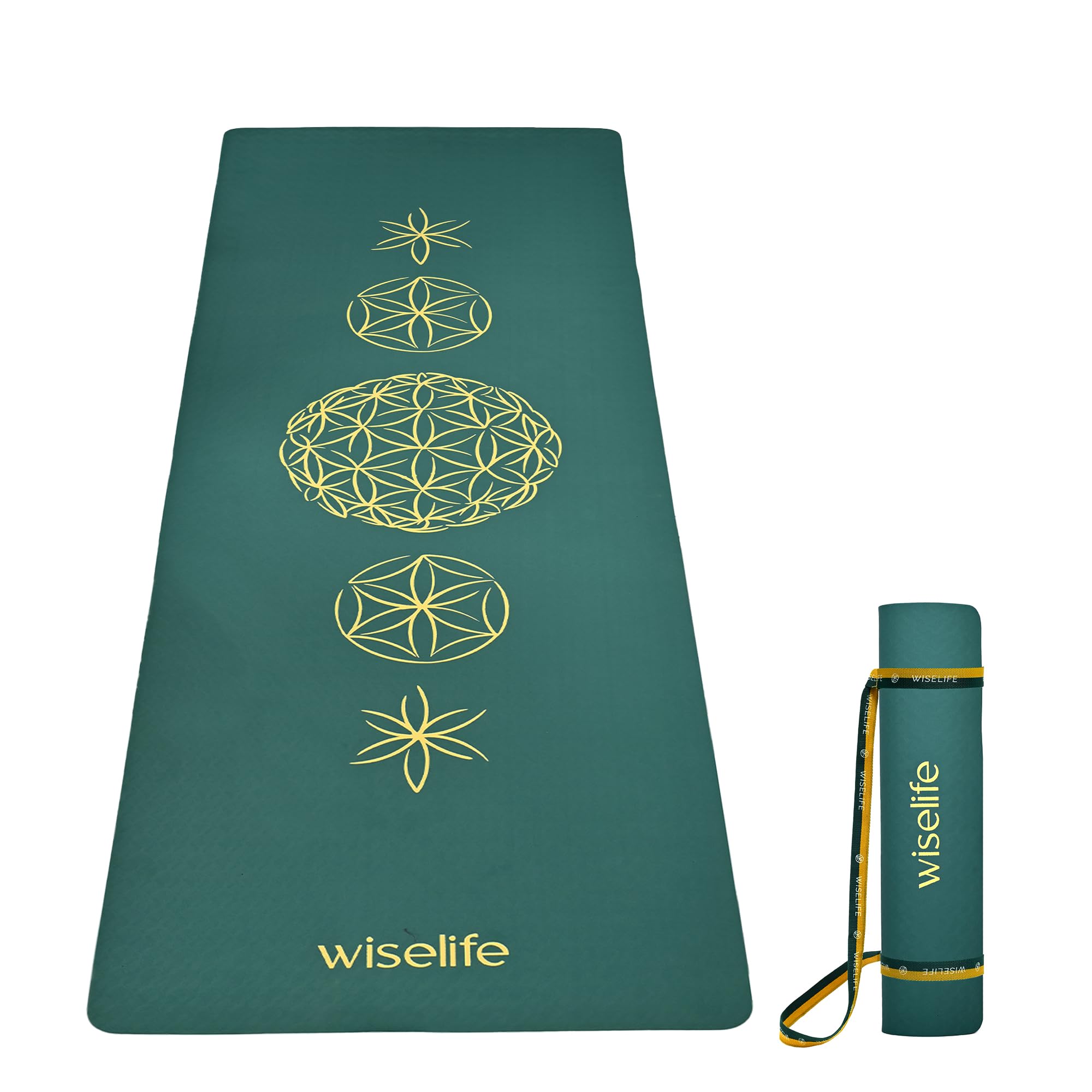 Wiselife TPE Printed 6MM Yoga Mat + Yoga Strap For Men, Women, Kids | Anti-Slip Extra thick, Long & Wide Exercise Sports Mat For Workout, Fitness, Yoga, Gym, Home & Pilates (Flower of life- Green)