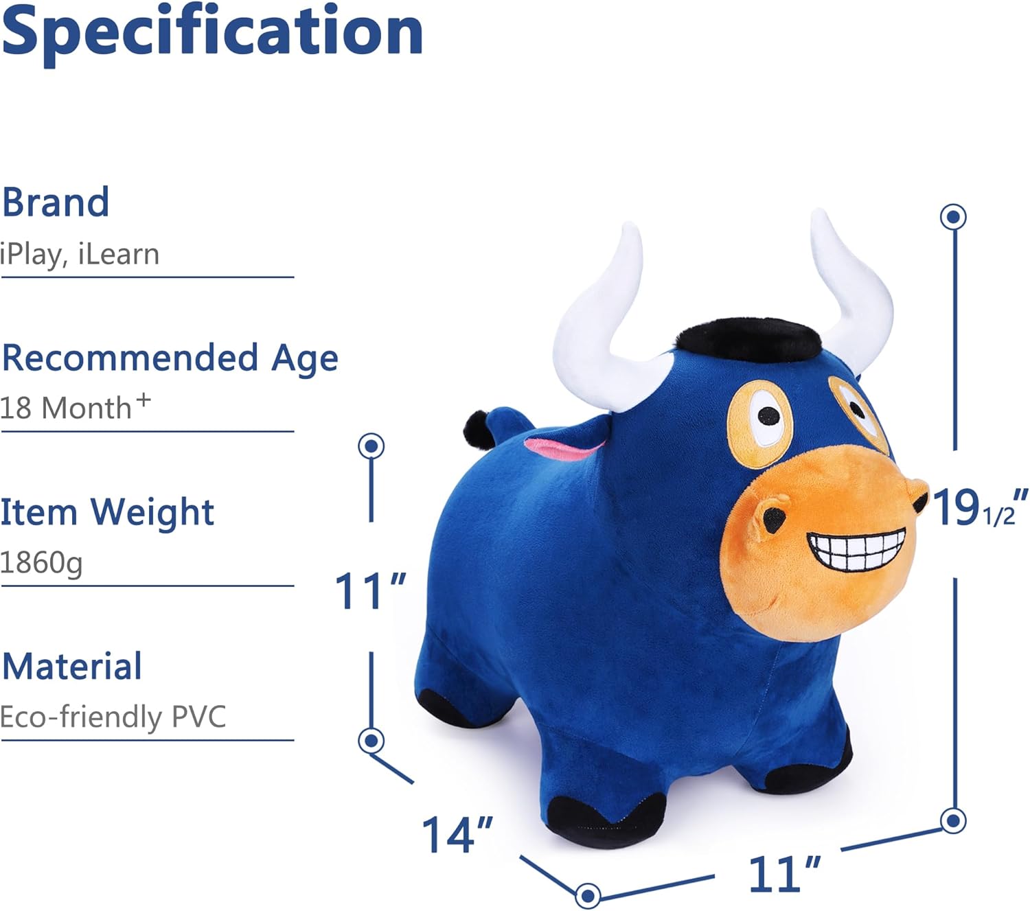 iPlay, iLearn Bouncy Pals Bull Hopping Horse, Plush Inflatable Animal Hopper, Indoor n Outdoor Ride on Jumping Bounce Toys, Birthday Gift for 18 Months 2 3 4 5 Year Old Kids Toddlers Boys Girls